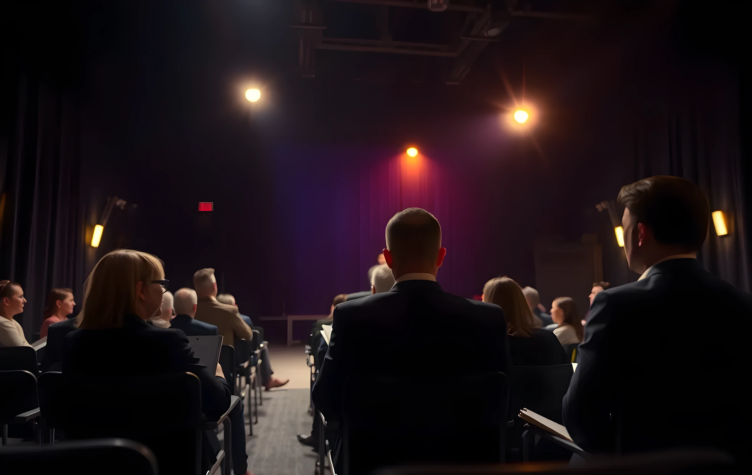 A dimly lit rehearsal hall at dusk, where a solitary actor stands center stage under a single amber spotlight, reading lines while casting directors sit in the shadowed front row with clipboards