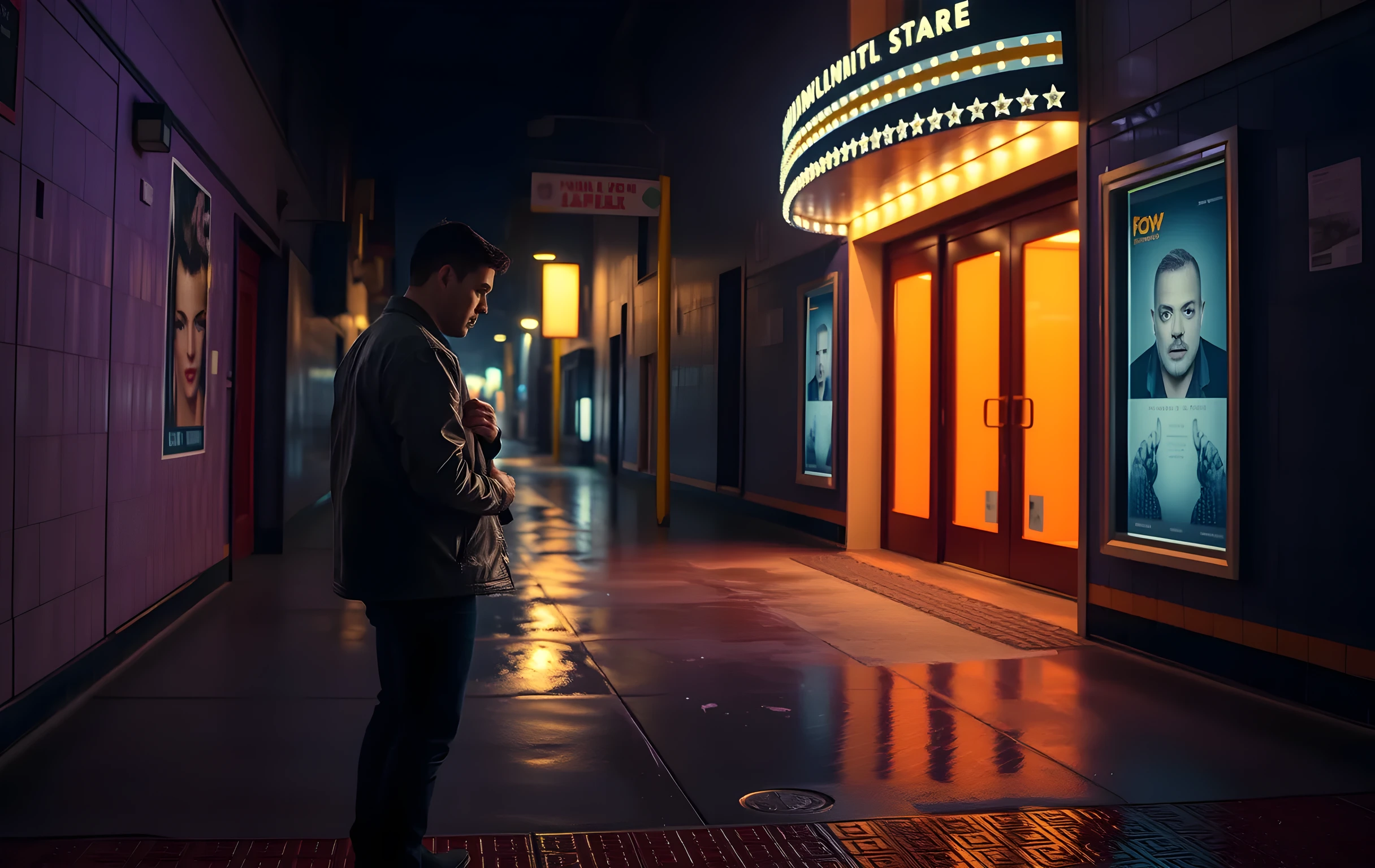 A rain-slicked theater alley at night, where a performer waits near a glowing stage door, adjusting a worn leather jacket while the warm interior light spills onto the wet pavement