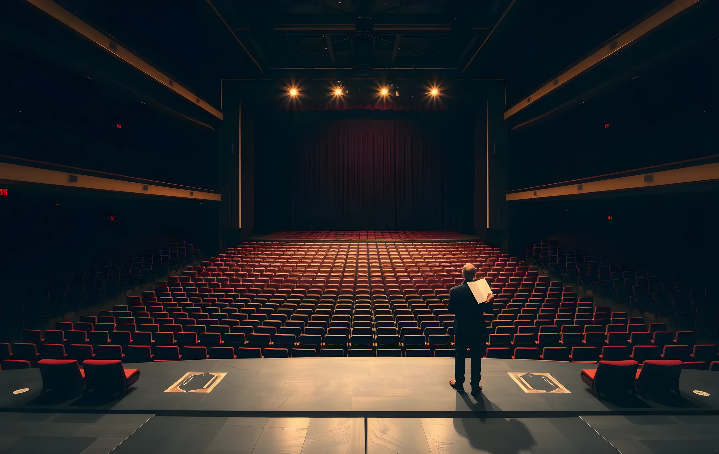 A sprawling, empty theater stage at twilight, where a single actor stands near the proscenium arch reviewing a bound portfolio, captured from the back of the house to emphasize the vast seating rows and the quiet weight of performance preparation