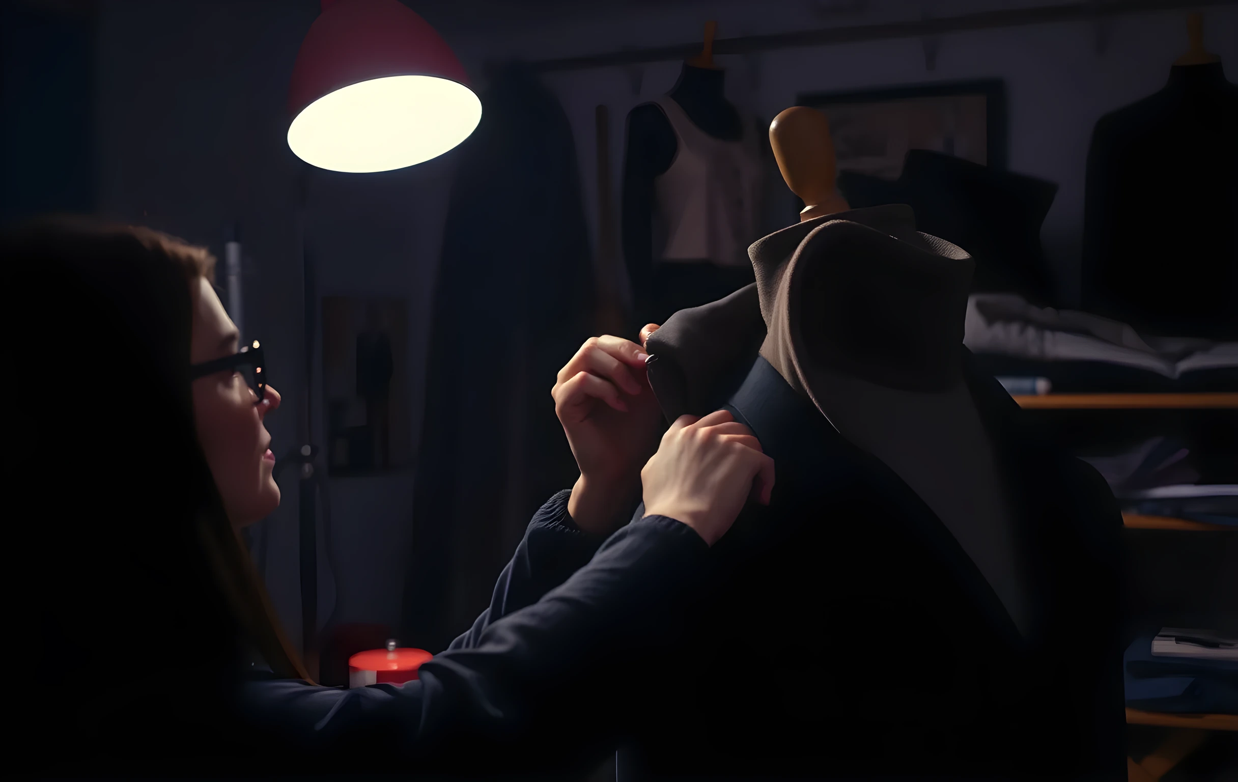 A cramped costume workshop illuminated by a single overhead work lamp, where a performer carefully pins a velvet collar onto a dress form, framed at waist height to highlight the texture of tailored fabrics and the precision of professional craftsmanship, shot from a medium distance that keeps the subject partially obscured by tools