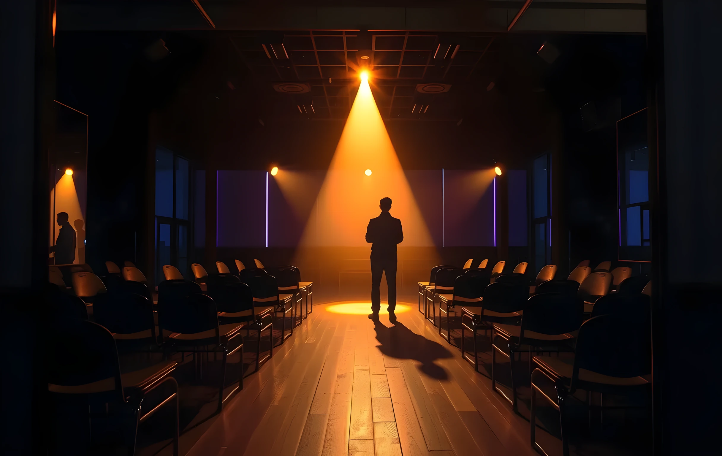 A wide interior shot of an empty audition room at golden hour, a single warm spotlight beam cutting through soft haze above a worn wooden floor, rows of mismatched chairs angled toward a wall of tall mirrors reflecting the amber glow, one performer standing at medium distance in the center of the room seen from behind, their silhouette sharp against the light pool, dust motes drifting in the beam, the room's edges falling into cool blue shadow