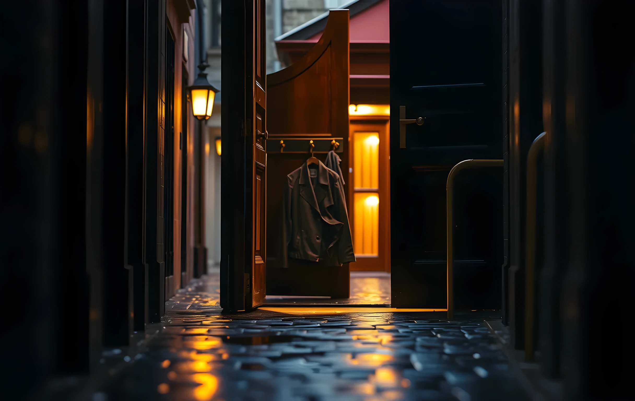 A close-detail view of a heavy wooden theatre stage door propped slightly open in a narrow rain-slicked alley at night, warm tungsten light spilling from the dark interior onto wet cobblestones and a single coat rack with a leather jacket hanging off its hook, shallow depth of field with the threshold glowing gold while the alley behind dissolves into soft bokeh, no people visible, the scene quiet and anticipatory as if someone has just stepped through