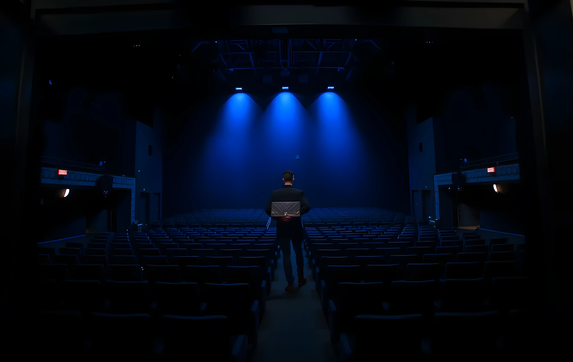 A vast, shadowed theatre stage bathed in cool blue light, a solitary performer standing center frame holding a leather portfolio case, with rows of empty velvet seats receding into the dark