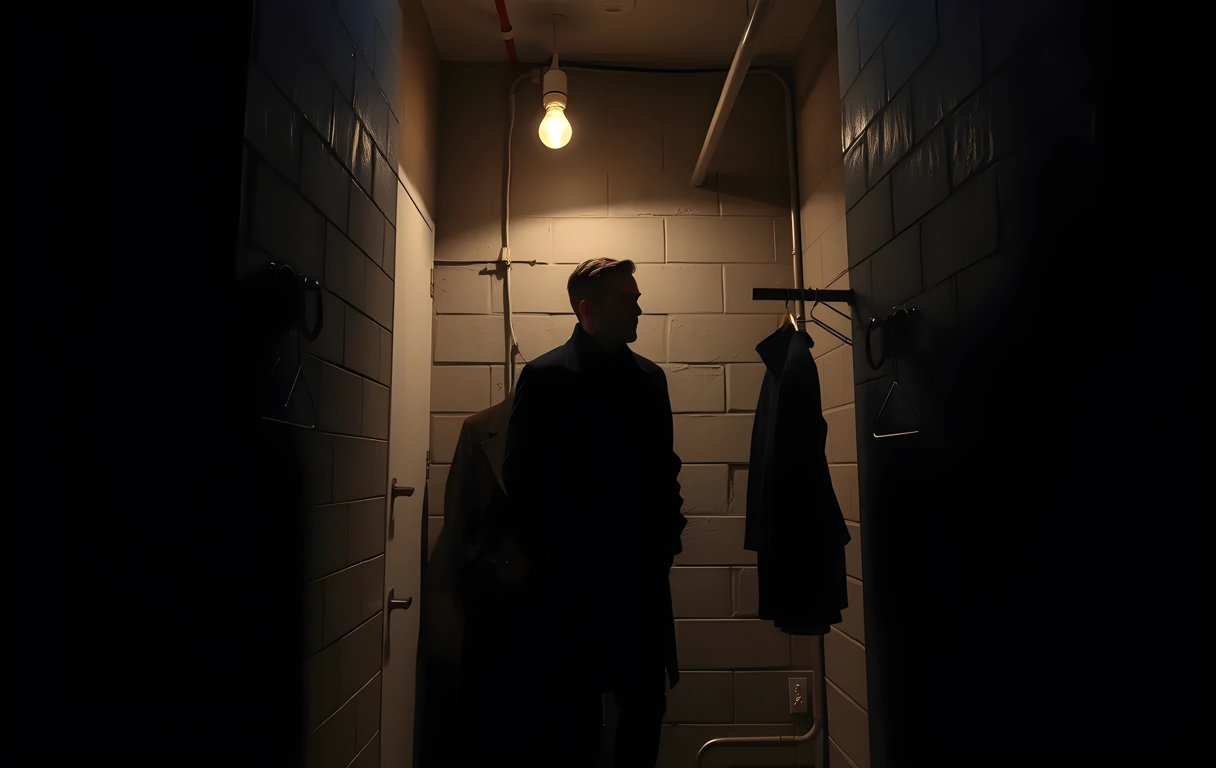 A narrow backstage corridor illuminated by a single practical bulb, an actor leaning against a rough cinderblock wall wearing a worn wool coat, their silhouette framed by hanging costume racks and peeling plaster