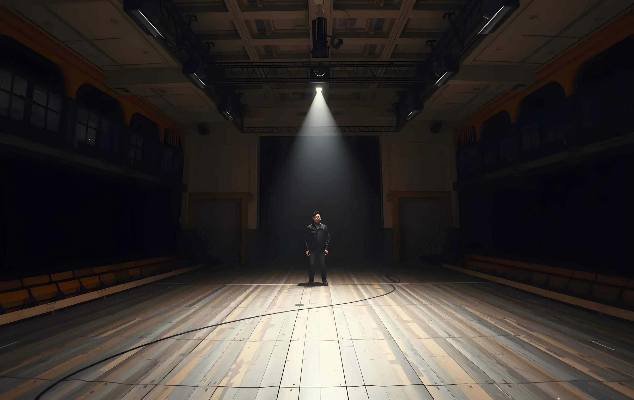A dimly lit rehearsal hall with high ceilings and peeling paint, where a lone performer stands at the far end of a worn wooden stage, bathed in a single overhead spotlight that cuts through dust in the air