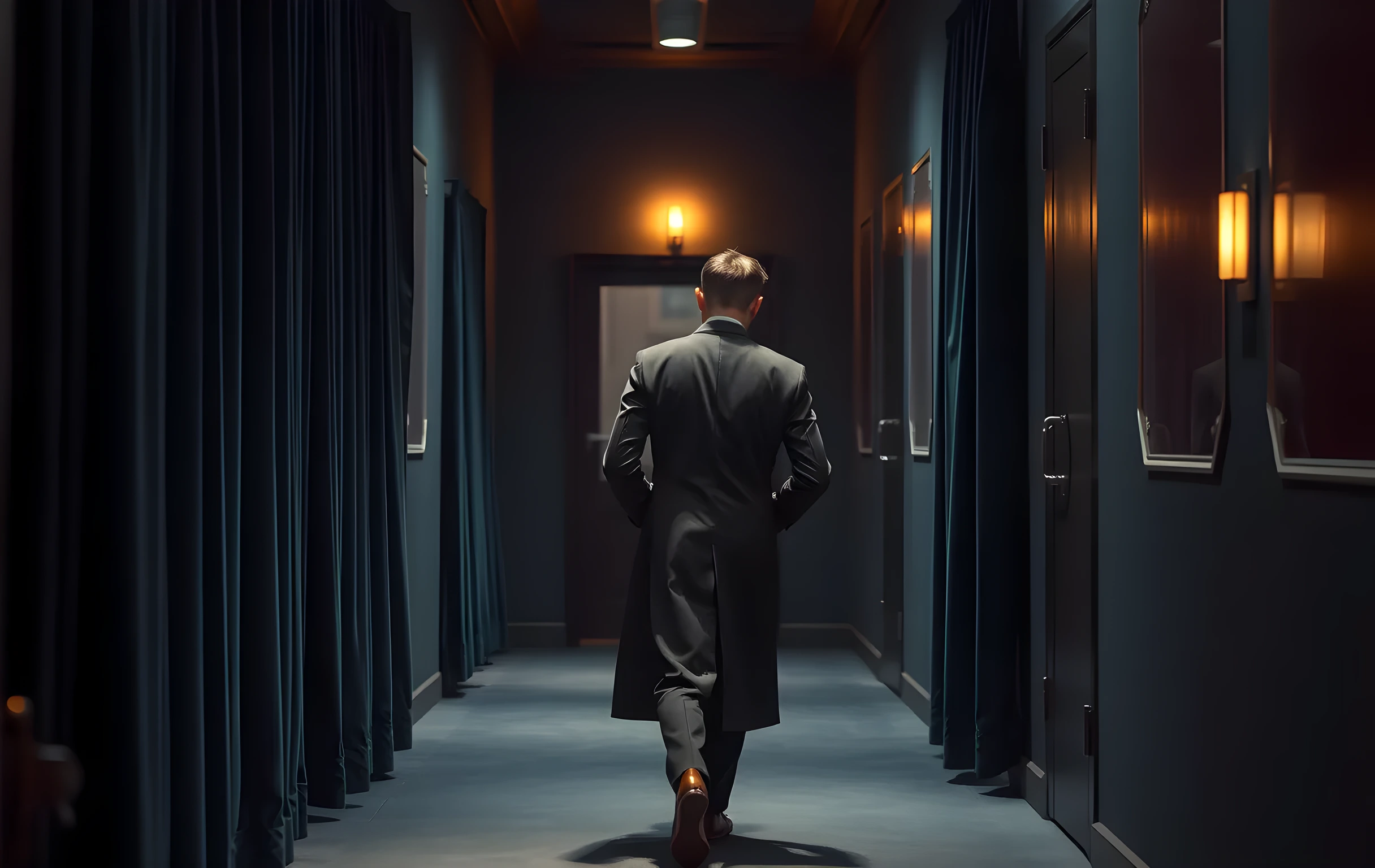 A quiet backstage corridor lined with vintage green velvet curtains, where a performer in a tailored rehearsal coat walks past a series of closed dressing room doors, the warm glow of a single wall sconce catching the texture of the fabric