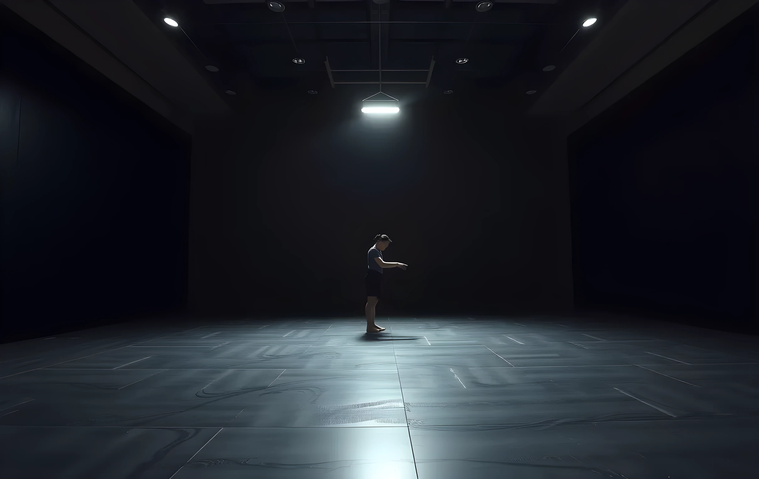 A wide shot of a dimly lit rehearsal studio where a lone performer practices movement under a single overhead gel light, dust motes floating in the air