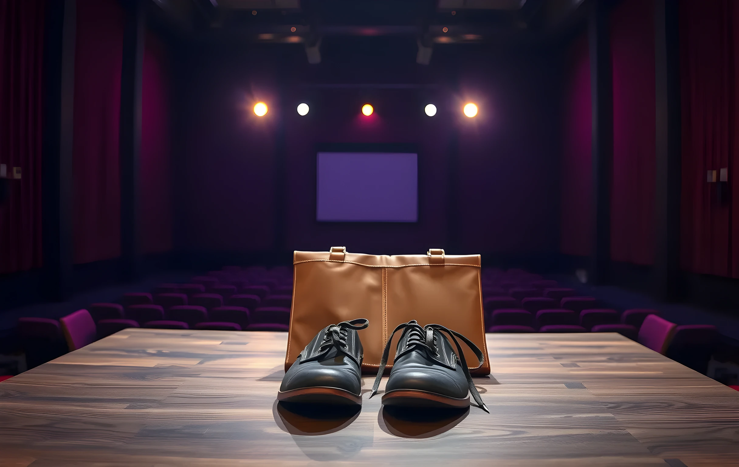 A medium shot of an empty stage wing at twilight, focusing on a wooden prop table holding a single worn leather portfolio and a pair of scuffed stage shoes