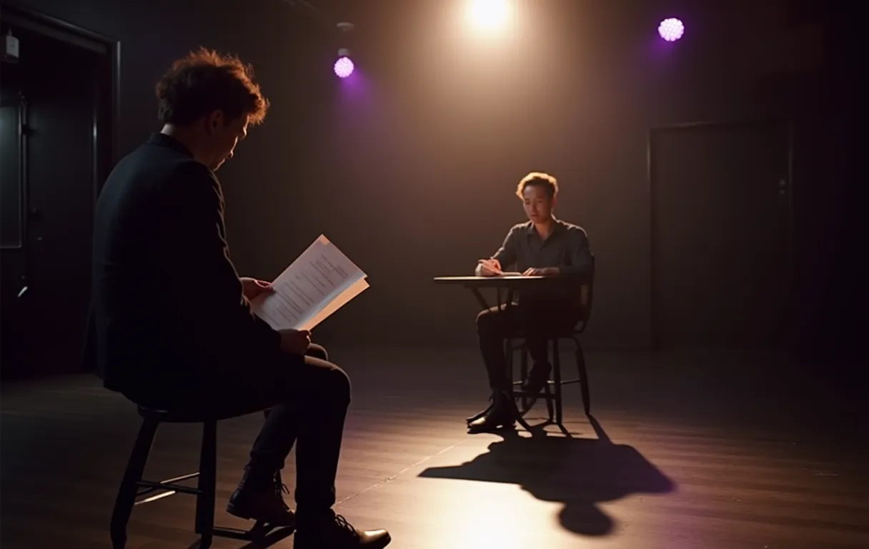 A focused actor sits alone in a sunlit rehearsal room, holding a marked script while looking directly at a casting table across the space
