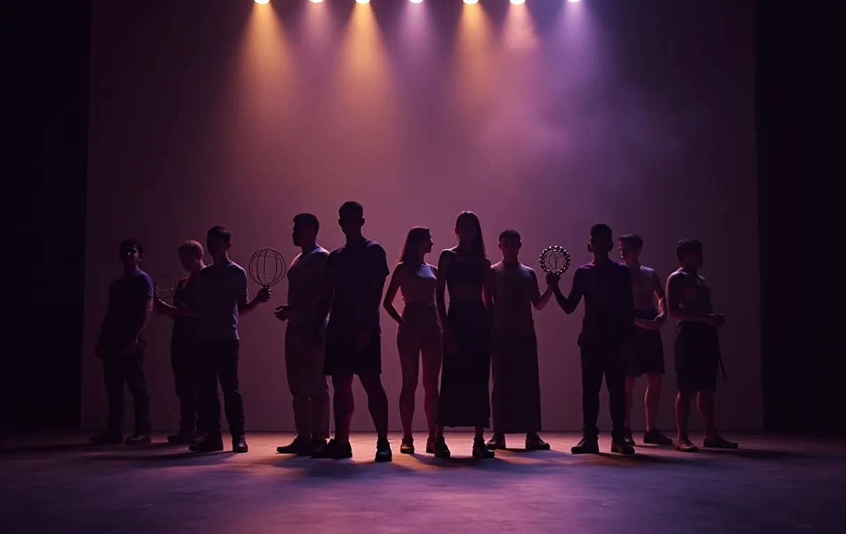 A diverse group of performers stands on a minimalist stage, each holding a single prop that represents a different character objective under warm stage lights