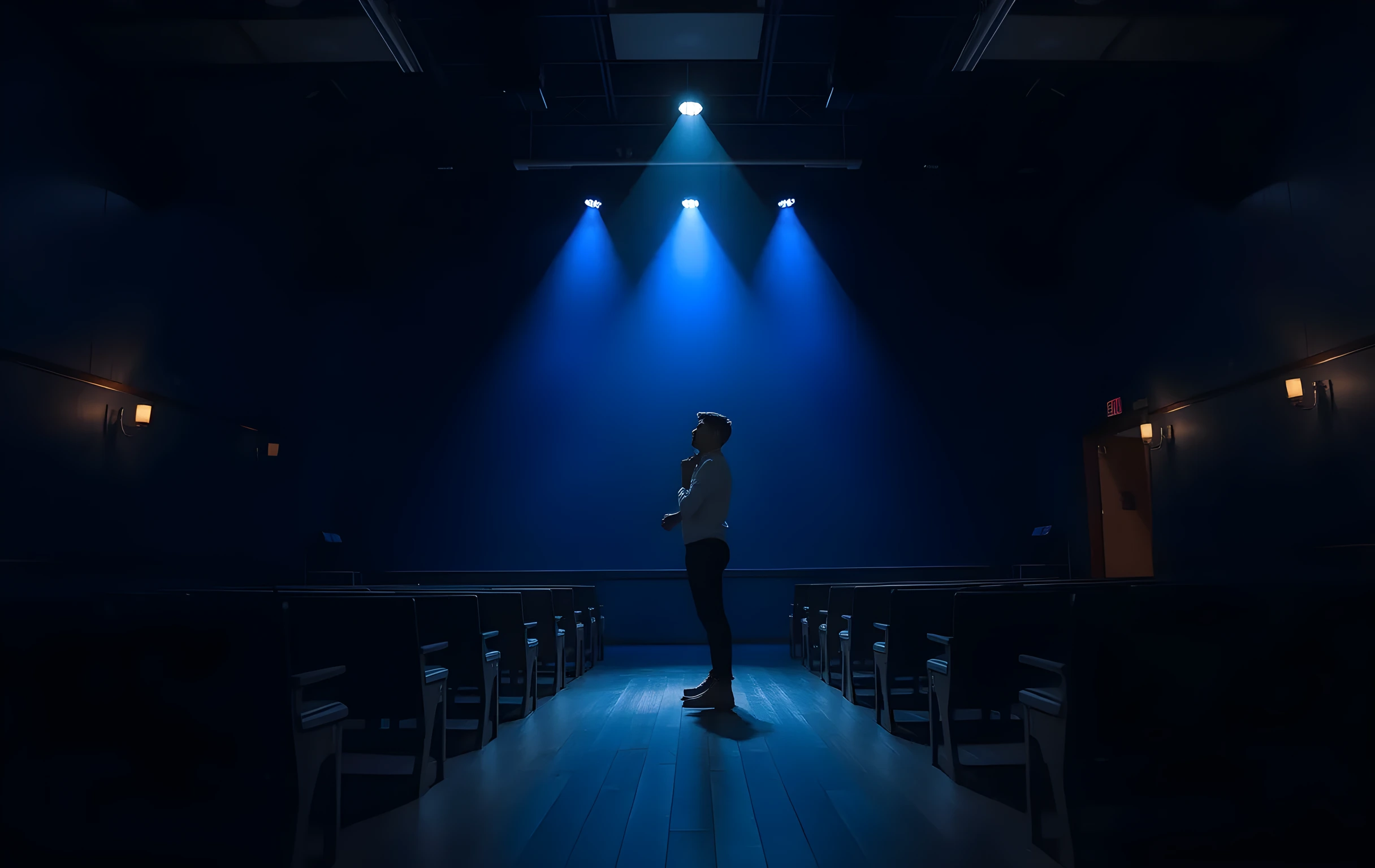 A dimly lit rehearsal hall where a single performer stands center stage under a cool blue spotlight, adjusting their posture while a row of empty wooden seats stretches into the shadows behind them. Dust motes float in the light beam and the floorboards catch the faint reflection of the overhead rigging