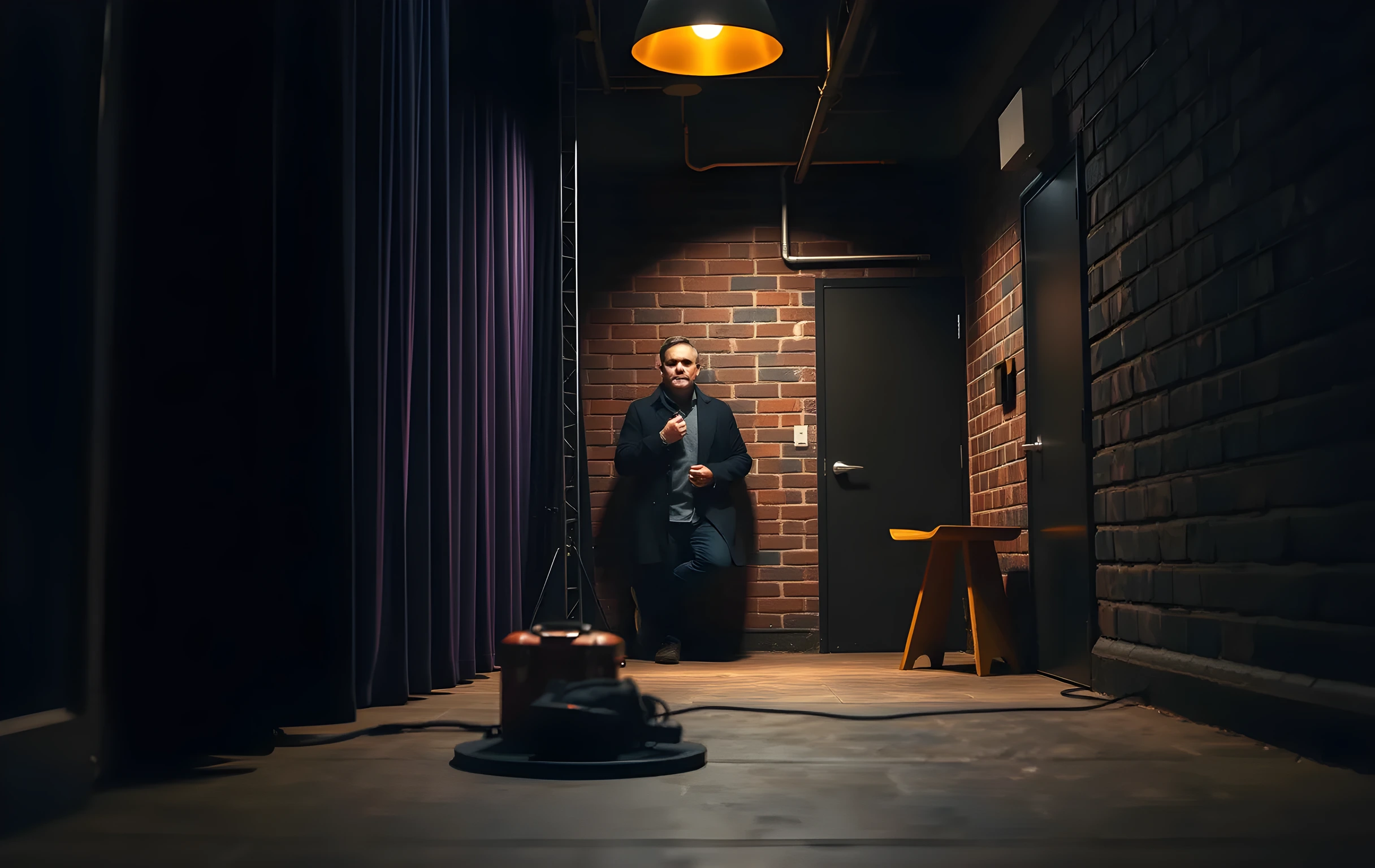 A quiet backstage corridor where a working actor leans against a painted brick wall near a heavy velvet curtain, adjusting their jacket collar while stage crew equipment sits blurred in the foreground. The warm practical lamp above casts long dramatic shadows across the concrete floor and highlights the texture of the worn floorboards