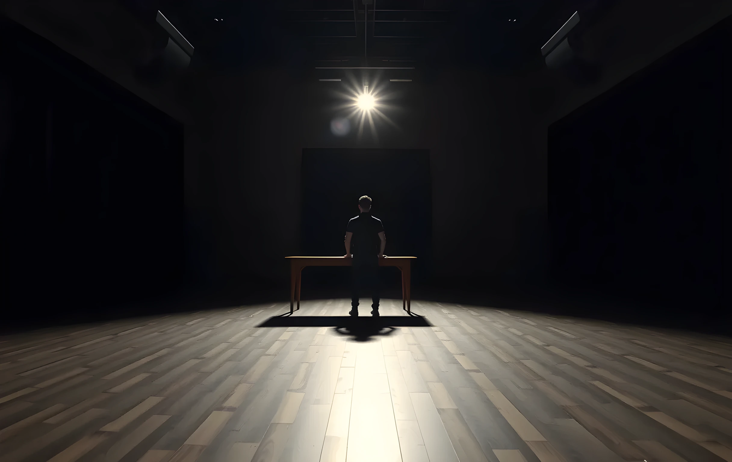 A wide environment shot of a dimly lit audition room where a single performer stands near a wooden table, waiting under a single overhead light that casts long shadows across the floor. The atmosphere is quiet and cinematic, emphasizing the empty space and the actor’s grounded posture from a distance