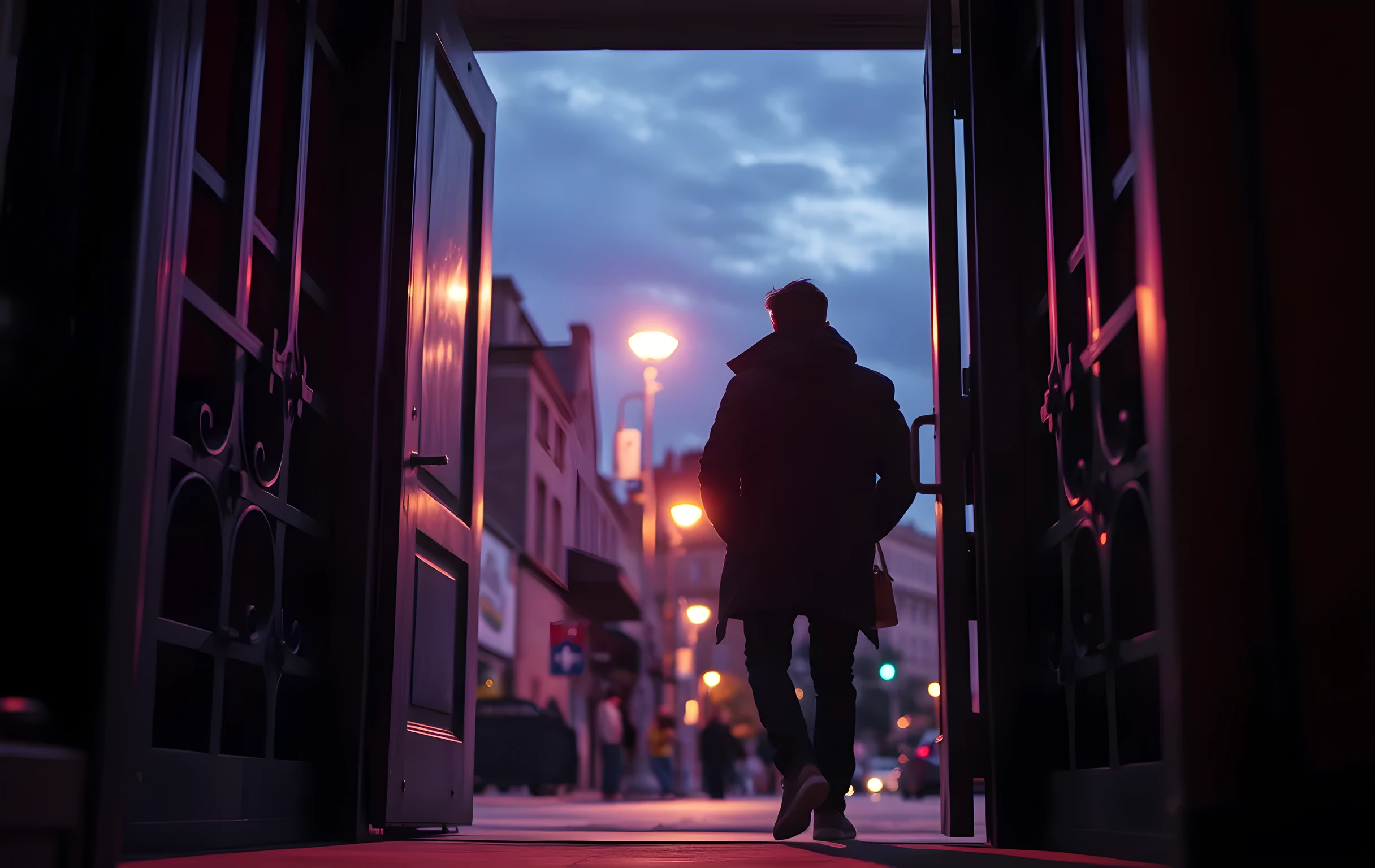 A closer detail shot of a heavy iron stage door frame at twilight, with a performer stepping through the threshold, jacket collar turned up against the evening air. Dramatic backlighting from a distant streetlamp catches the texture of the metal and the actor’s silhouette, creating a moody, focused composition