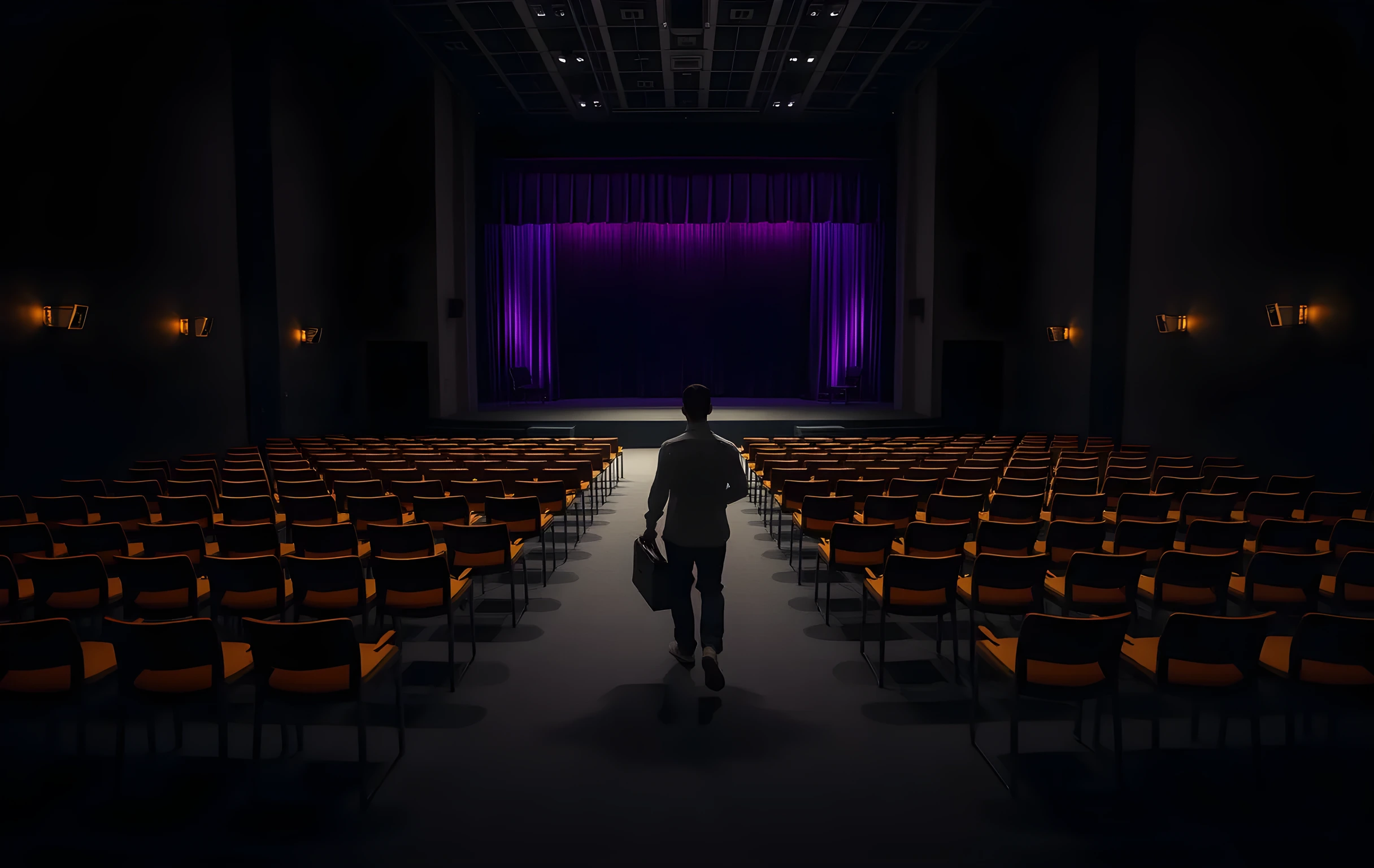 A vast, shadowed rehearsal hall where rows of empty wooden chairs stretch toward a dimly lit proscenium arch, with a lone performer walking down the center aisle carrying a leather portfolio case