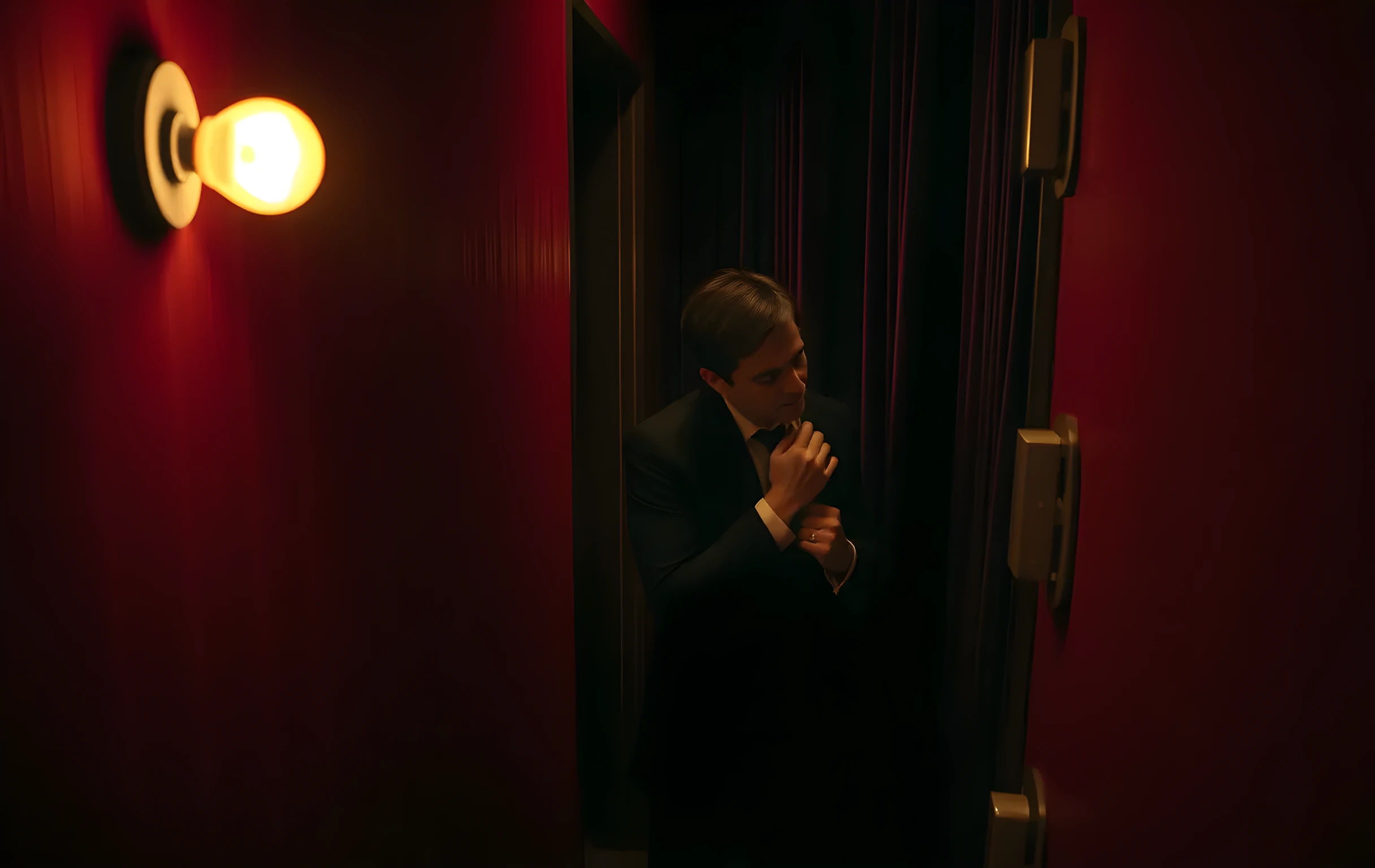 A narrow backstage corridor illuminated by a single amber work lamp, where a performer's silhouette pauses near a heavy velvet curtain, adjusting the collar of a tailored stage coat