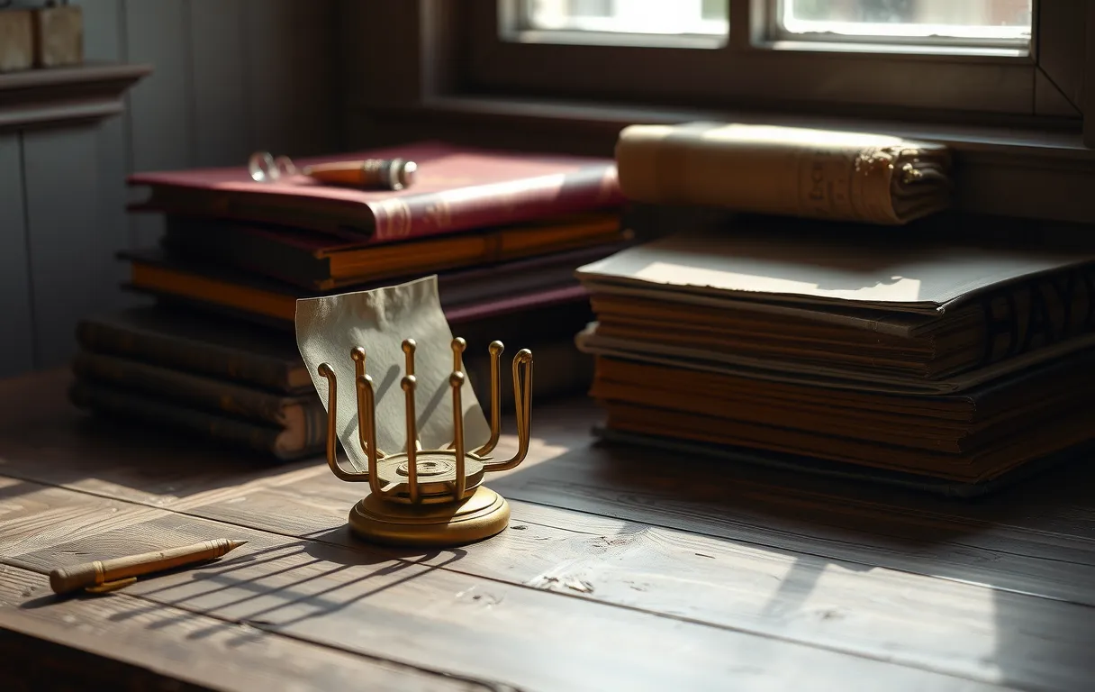 A vintage brass script holder resting on a weathered wooden desk beside a stack of aged playbooks with worn cloth bindings and soft shadows cast by morning window light