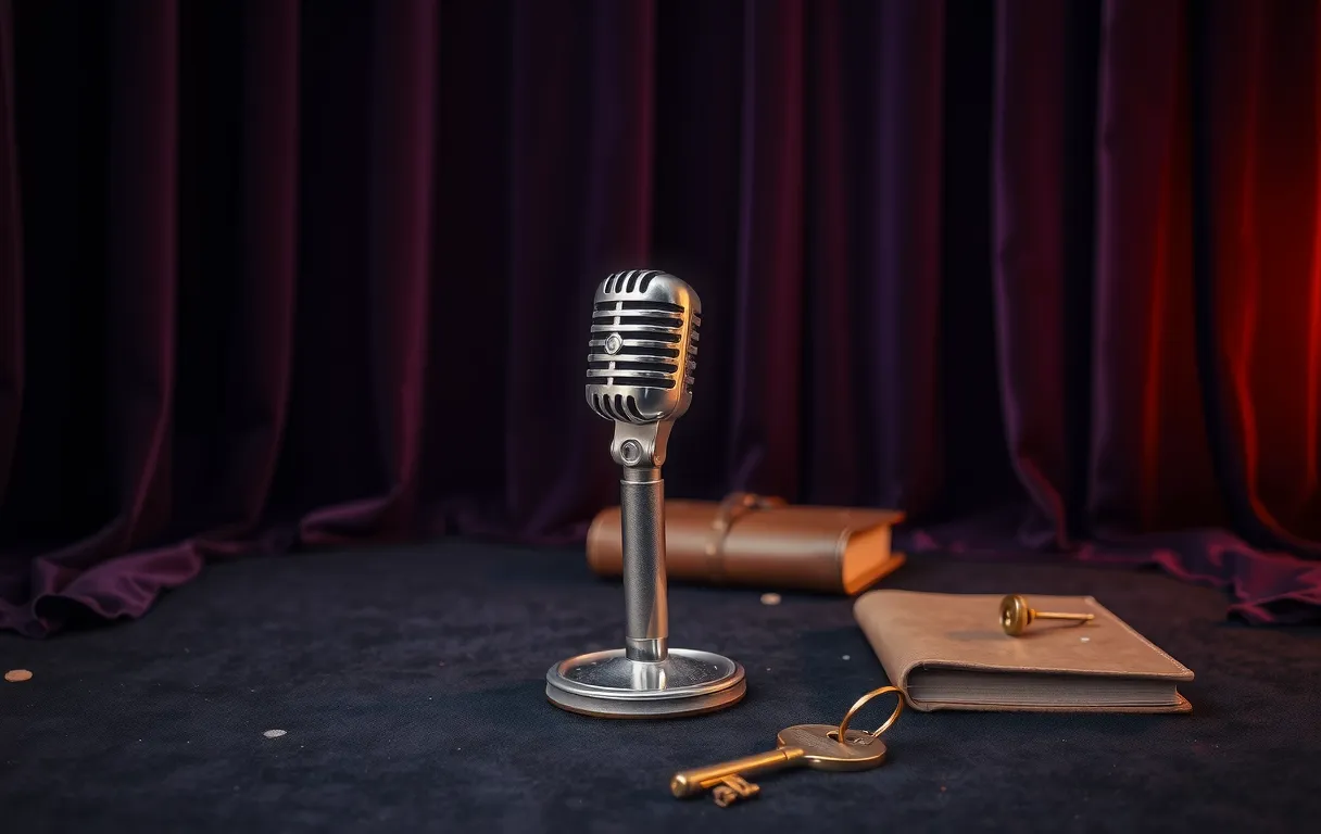 A polished stage microphone standing on a dark felt surface surrounded by scattered velvet curtains, a leather-bound notebook, and a single brass key reflecting warm amber tones