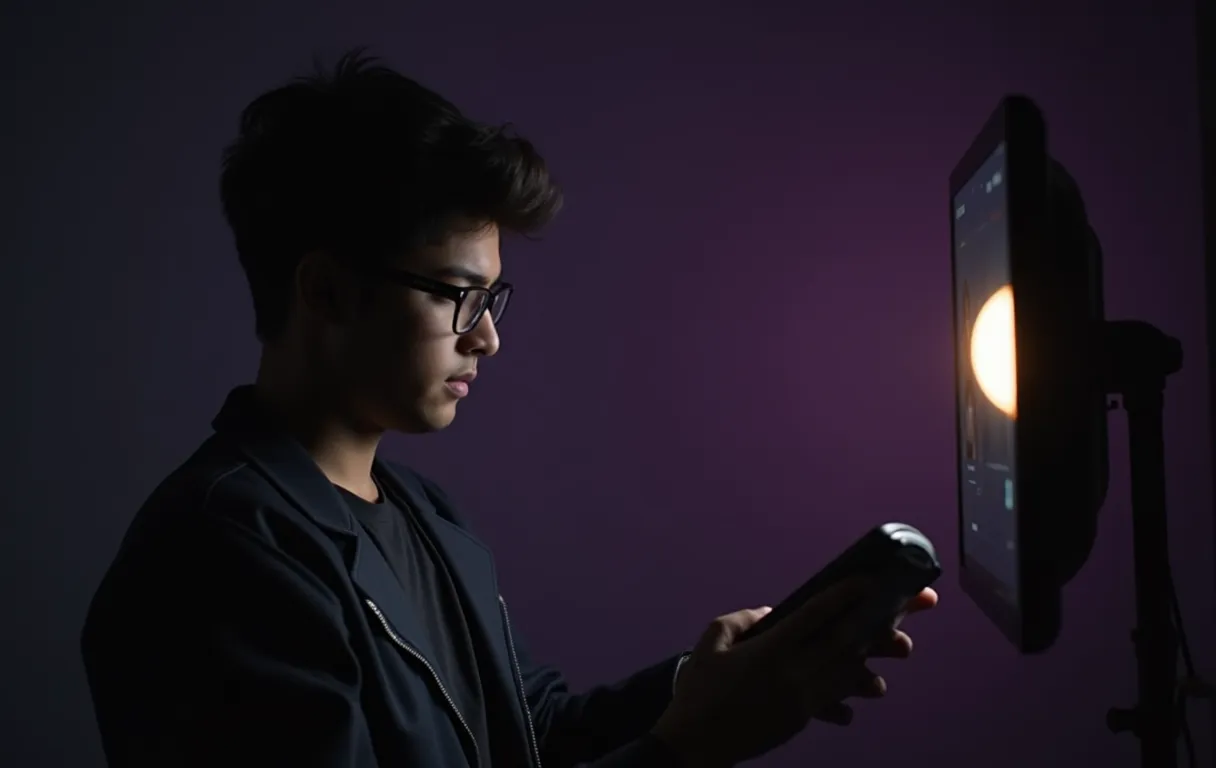 A young actor in a neutral studio setting reviews a digital casting breakdown on a tablet while natural light highlights their focused expression and professional headshot folder on a nearby monitor