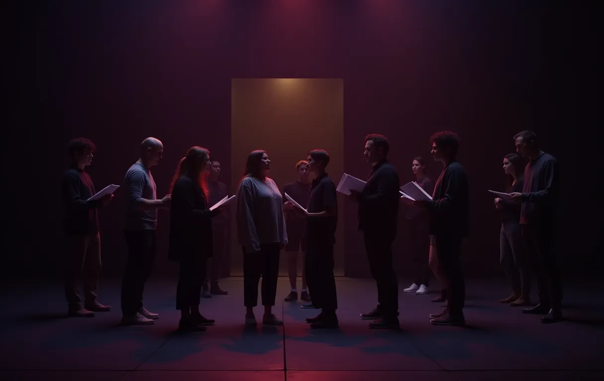 A diverse group of twenty somethings stands on a minimalist rehearsal stage holding scripts, bathed in warm practical lighting that emphasizes their readiness and collaborative energy