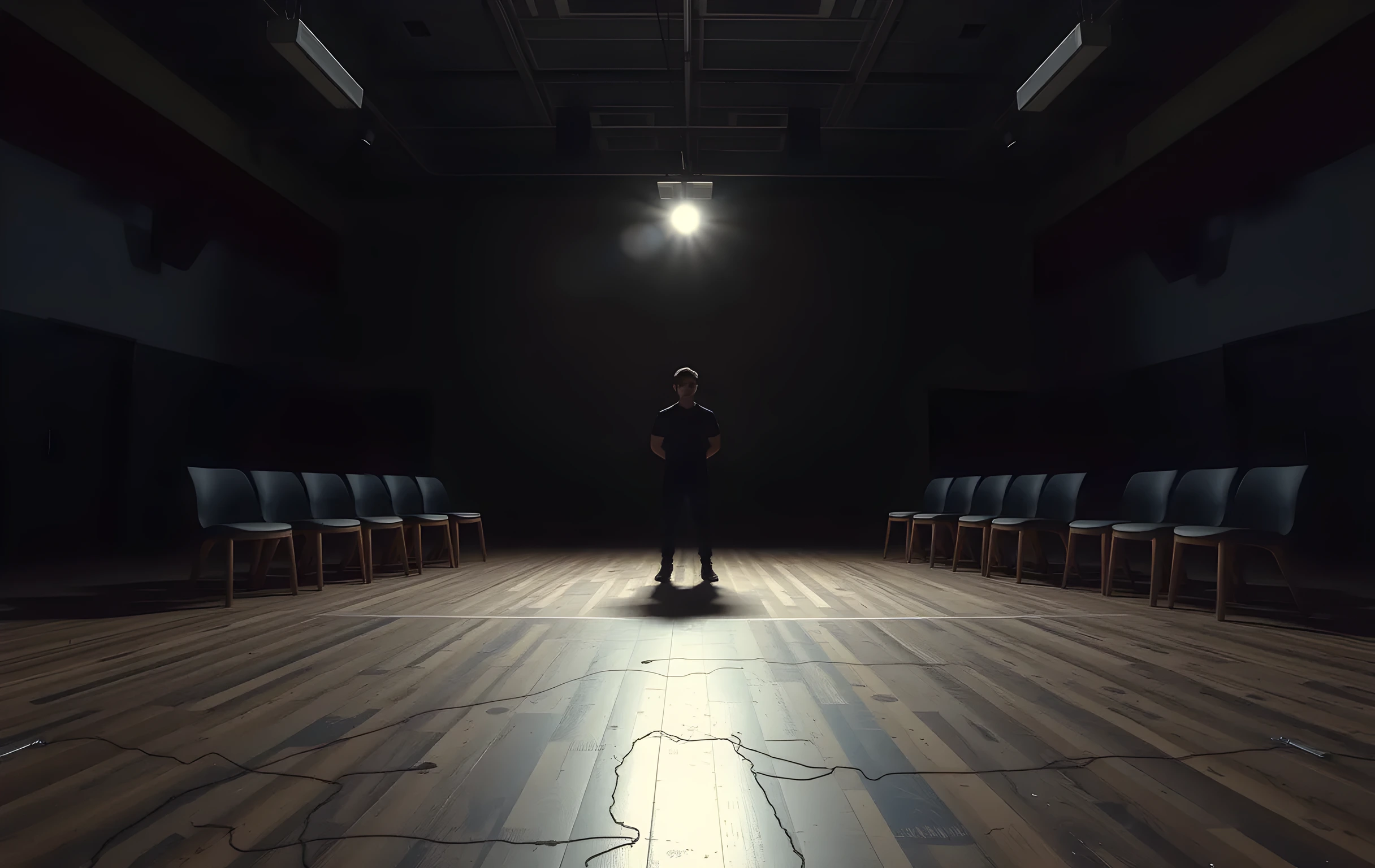 A dimly lit rehearsal studio at dusk, where a lone performer stands center stage under a single overhead work light, shadows stretching across scuffed floorboards while empty chairs line the periphery