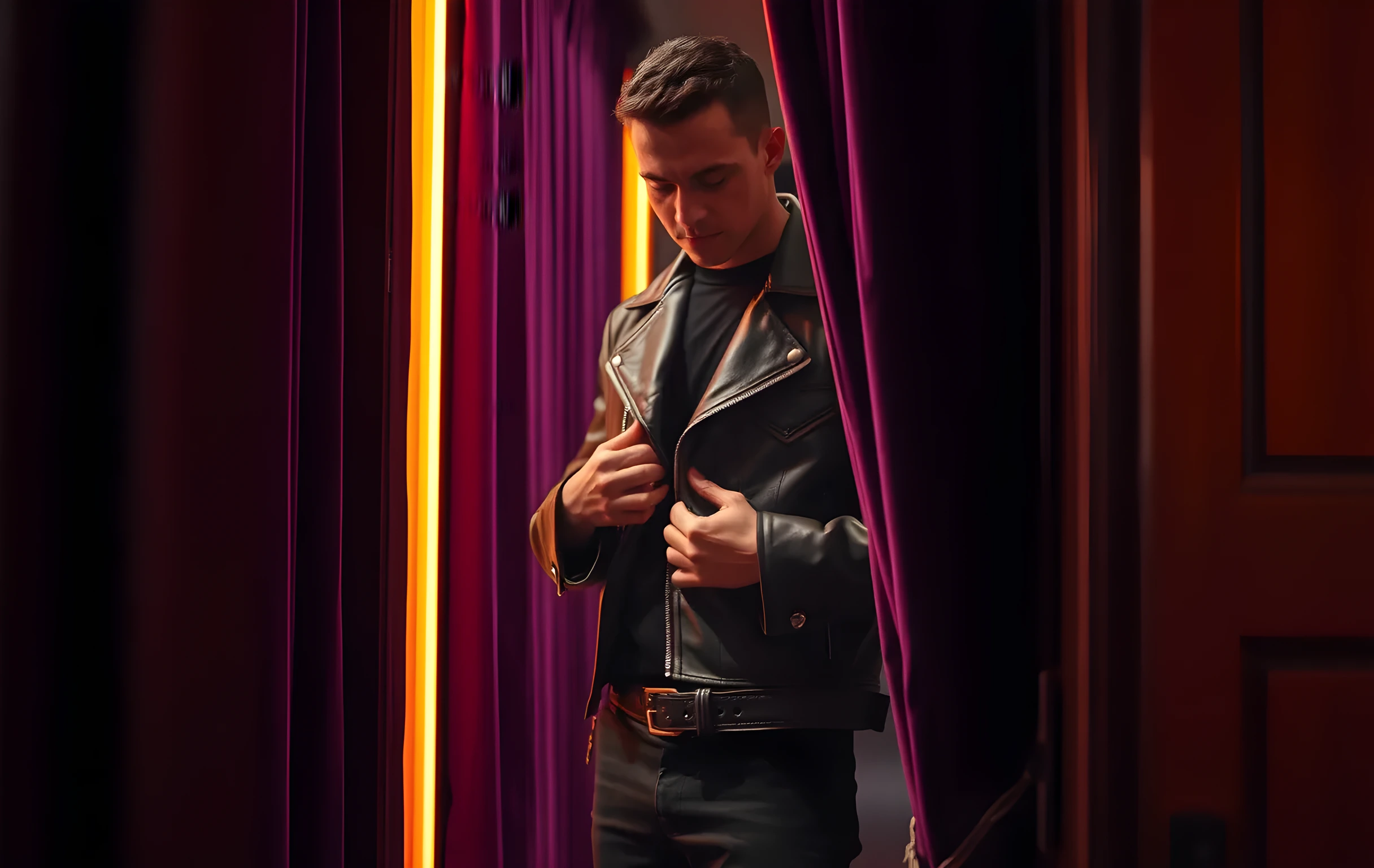 A backstage corridor bathed in cool amber practical lighting, where a performer adjusts a worn leather jacket near a heavy velvet curtain, the frame focused on their midsection and the textured fabric details