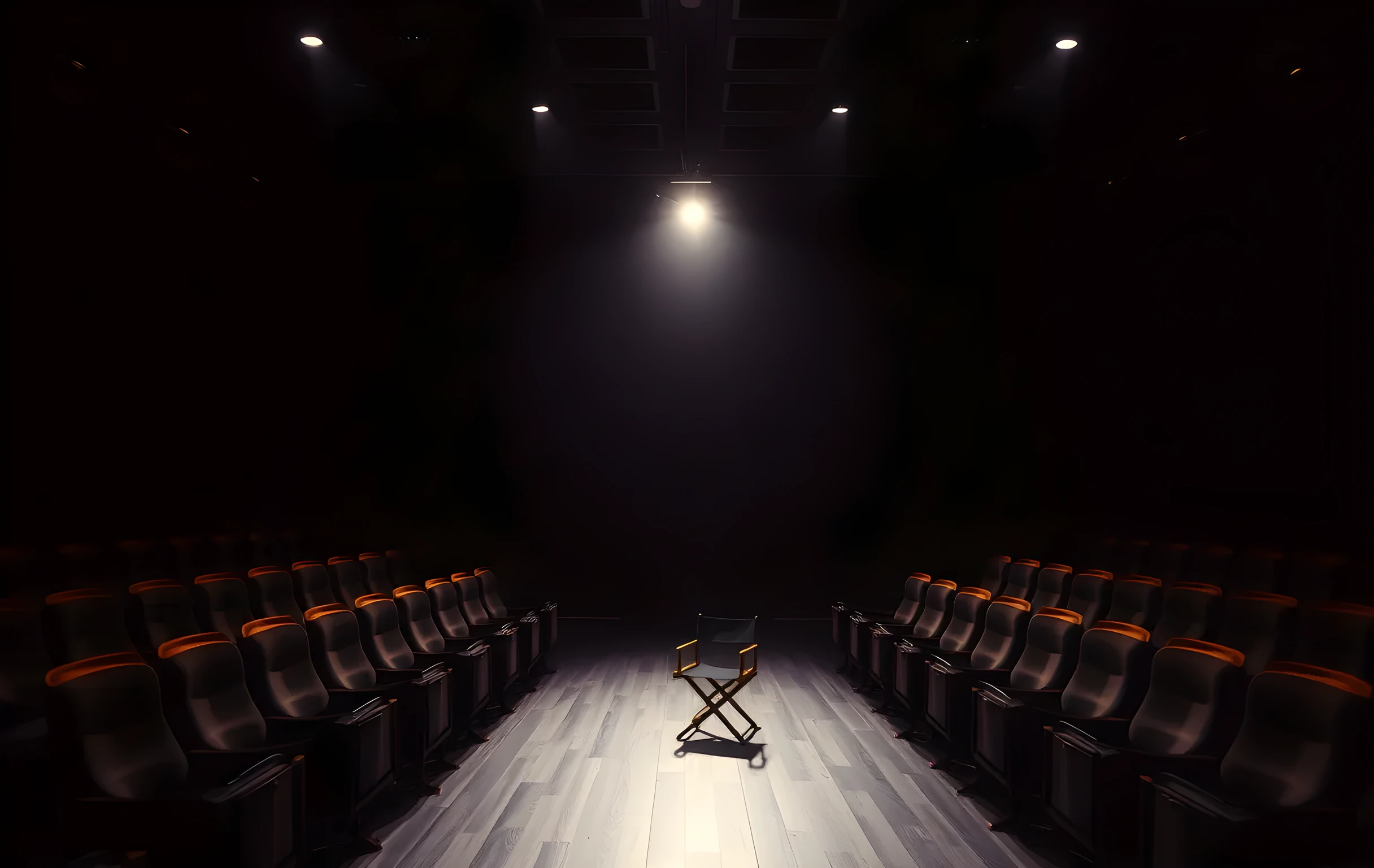 A dimly lit, empty black box theater at dusk. Rows of worn velvet seats fade into shadow, with a single work light illuminating a wooden stage floor where a director's chair sits alone under a faint haze of stage smoke