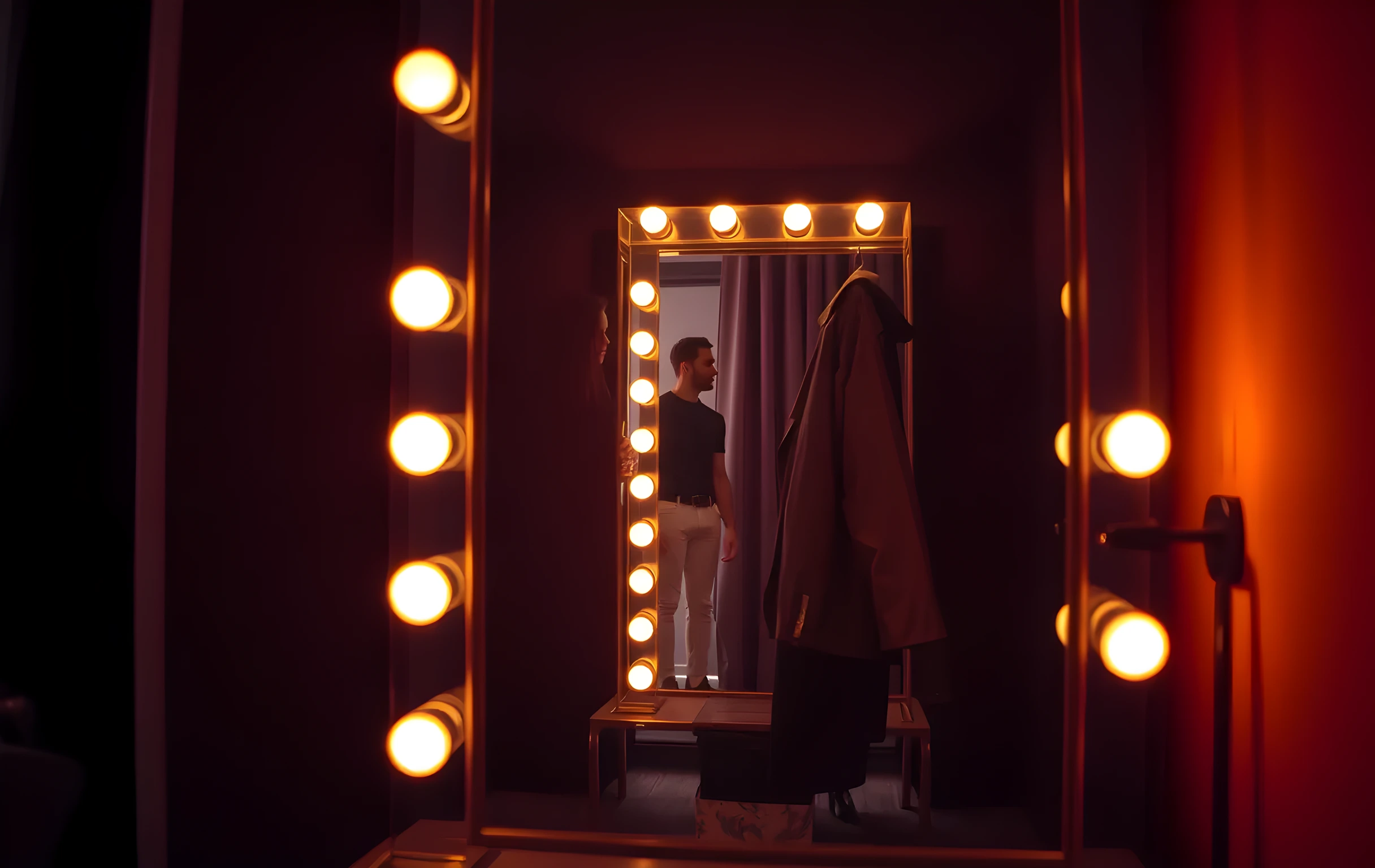 A quiet dressing room mirror reflecting the back of a performer standing still. Soft amber practical lighting glows from a vanity bulb tray, casting long, cinematic shadows across a draped garment rack and a worn leather coat hanging nearby