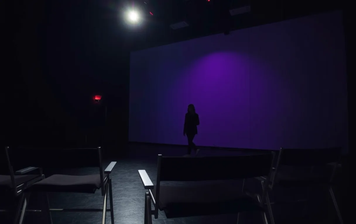 A moody audition room with a single overhead spotlight illuminating a lone performer standing near a plain wall, visible from a medium distance while casting chairs sit empty in the dim foreground