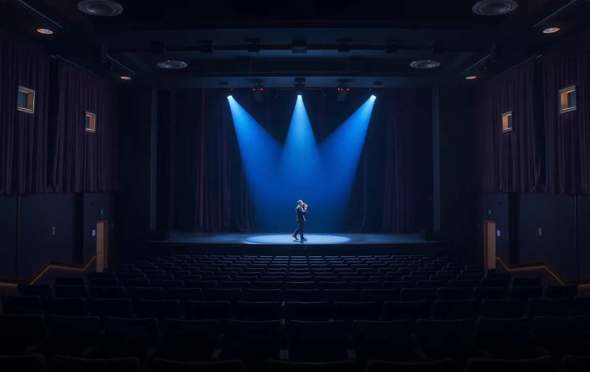 A dimly lit theatre stage viewed from the back of the auditorium, where a performer stands center stage under a narrow wash of blue light, with rows of vacant velvet seats fading into shadow