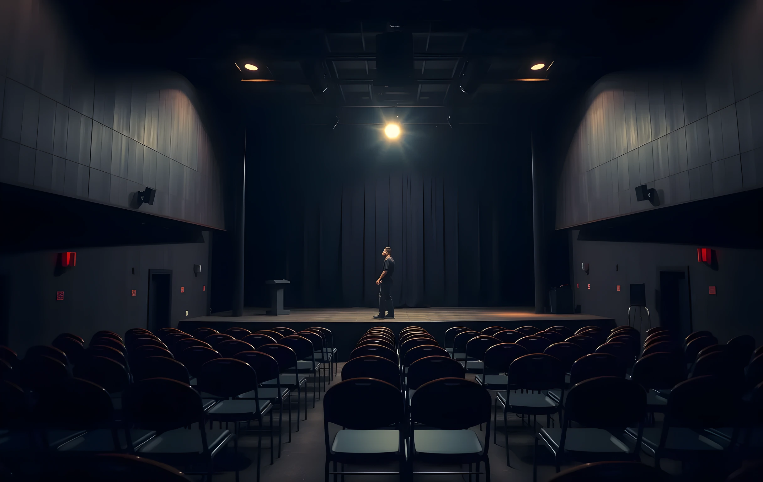 A cavernous black box theater at dusk, where a solitary performer rehearses near center stage under a single overhead follow-spot, surrounded by rows of empty folding chairs that fade into the dark wings and catch the edge of the wash