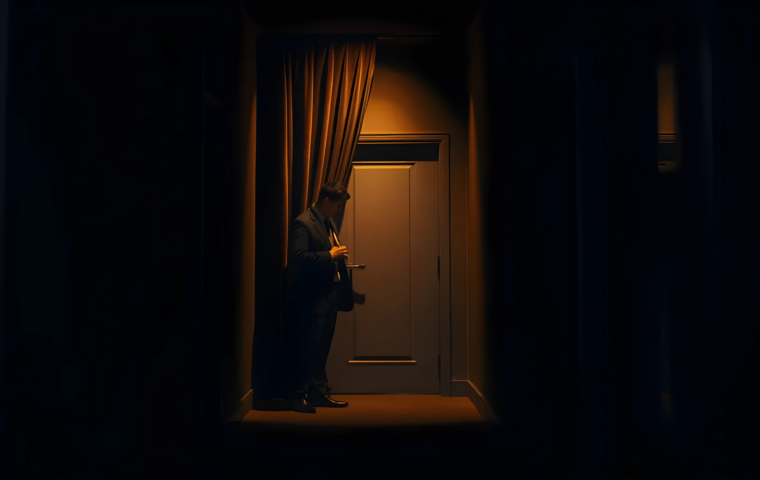 A narrow backstage corridor painted in muted charcoal tones, where soft amber practical lighting falls across a heavy velvet curtain partially drawn back to reveal a medium-distance actor adjusting their jacket before stepping toward a closed door