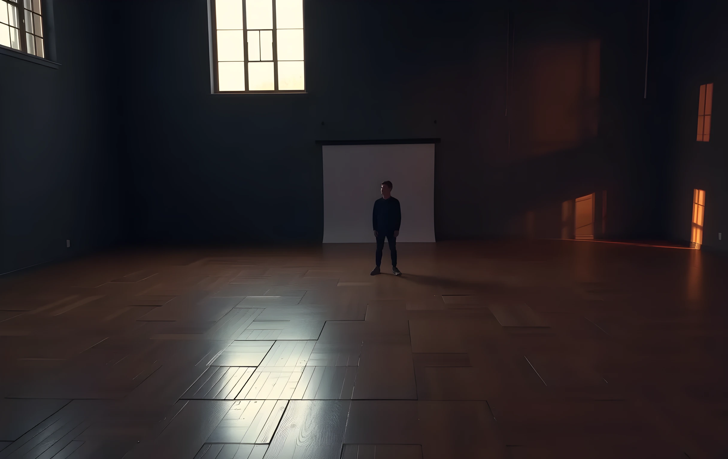 A dimly lit, empty rehearsal studio at dusk. Tall windows cast long amber shadows across scuffed wooden floors. A lone actor stands near the back wall, stretching into a wide, grounded stance, their silhouette framed by fading daylight
