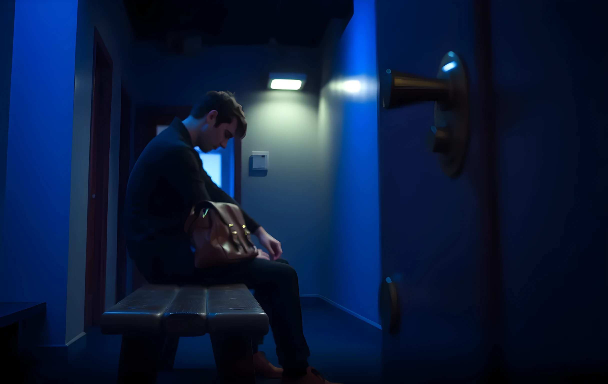 A quiet backstage corridor bathed in cool blue light. An actor sits on a worn wooden bench, head slightly bowed, hands resting loosely on their knees. The focus catches the texture of a leather satchel and the soft glow of a single overhead fixture reflecting off a polished door handle