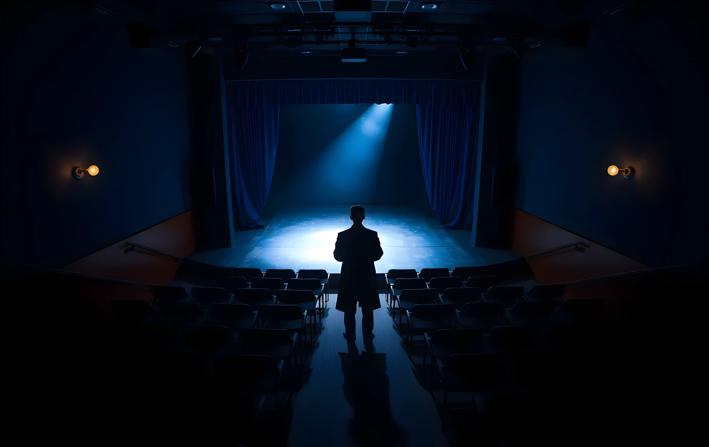 A dimly lit audition room with rows of empty wooden chairs facing a single illuminated stage. A lone actor stands center stage in a long coat, back to the camera, bathed in a narrow shaft of cool blue light that cuts through floating dust