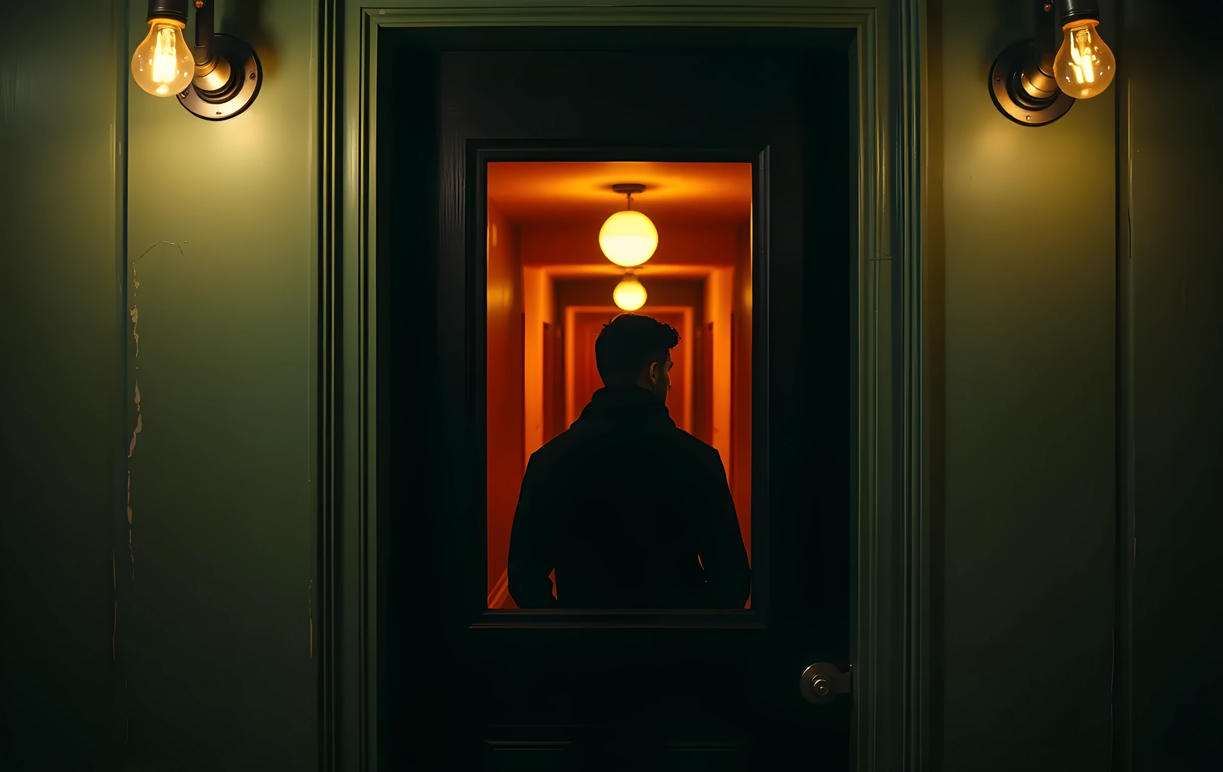 A weathered stage door framed by peeling green paint and flickering overhead bulbs. Through the narrow glass pane, a performer in a dark rehearsal jacket stands in profile, silhouetted against the warm amber glow of the hallway beyond, captured from a slight distance