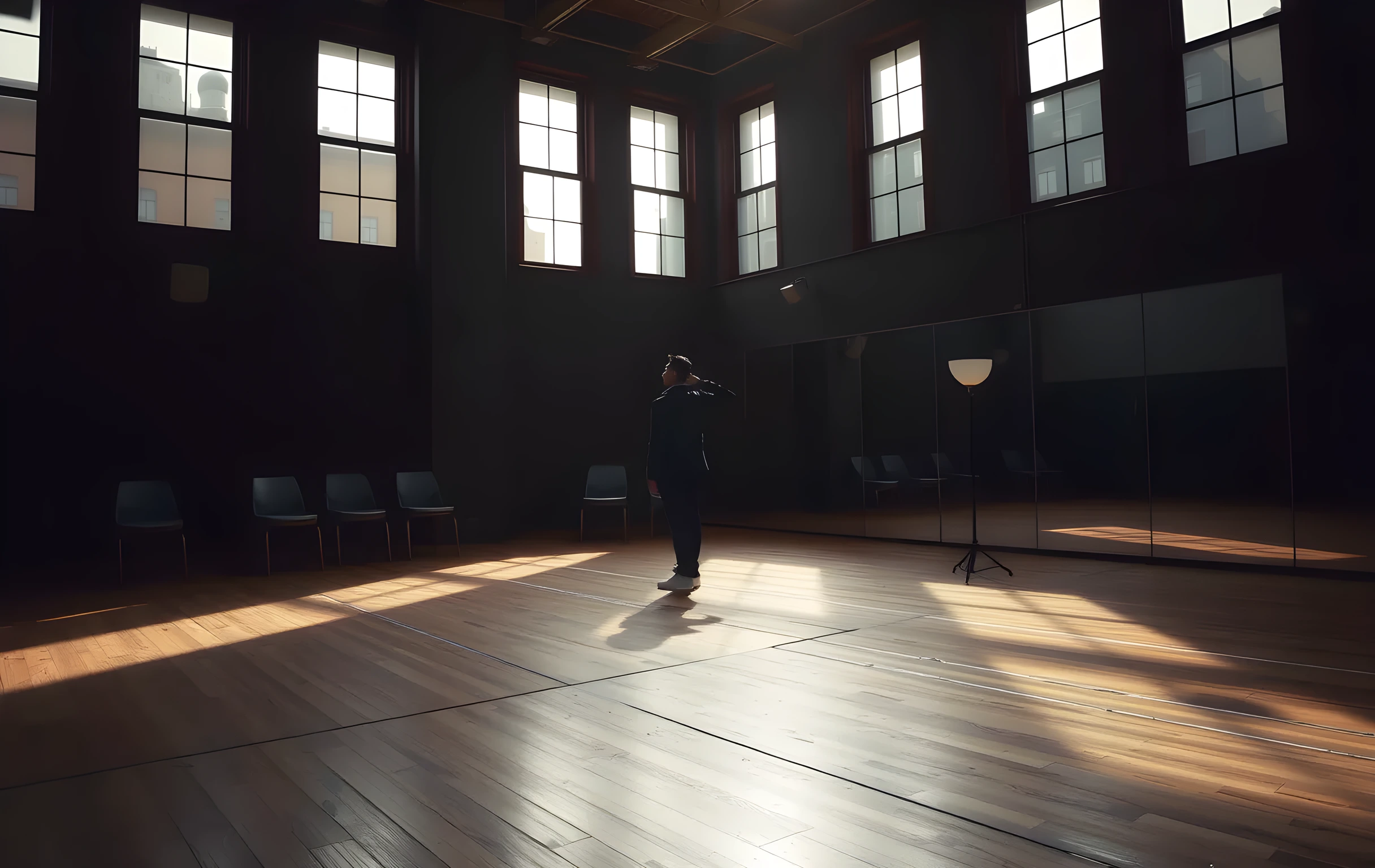 A dimly lit, expansive rehearsal studio with high windows casting long shadows across wooden floors. A lone actor stands near a mirrored wall, adjusting their posture, surrounded by scattered chairs and a vintage floor lamp