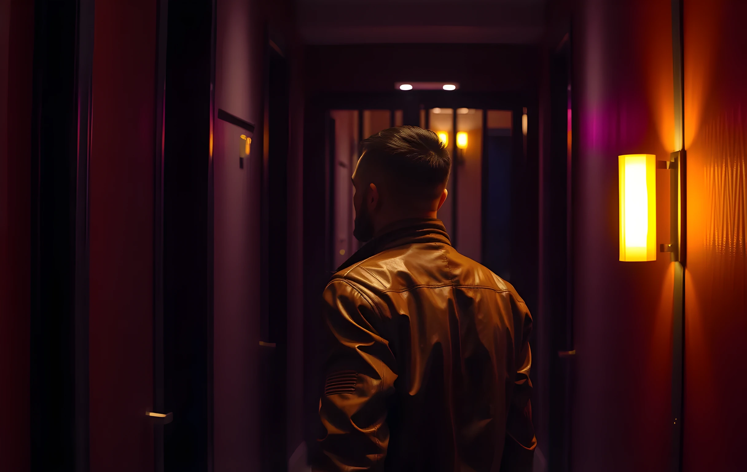 A narrow backstage corridor bathed in amber practical lighting. A performer in a worn leather jacket waits near a heavy iron door, their silhouette framed by the warm glow of a single wall sconce