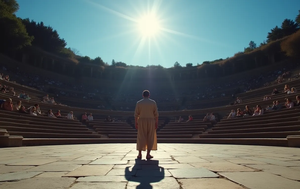 Sunlit stone amphitheater with a lone performer in a weathered linen tunic standing center stage, facing a shadowed tier of seated spectators under a clear blue sky