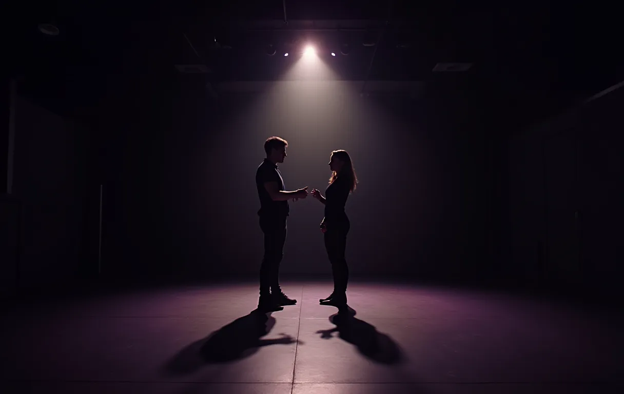 Dimly lit rehearsal hall with two actors in simple dark costumes practicing dialogue, their faces illuminated by a single overhead work light casting long dramatic shadows on the floor