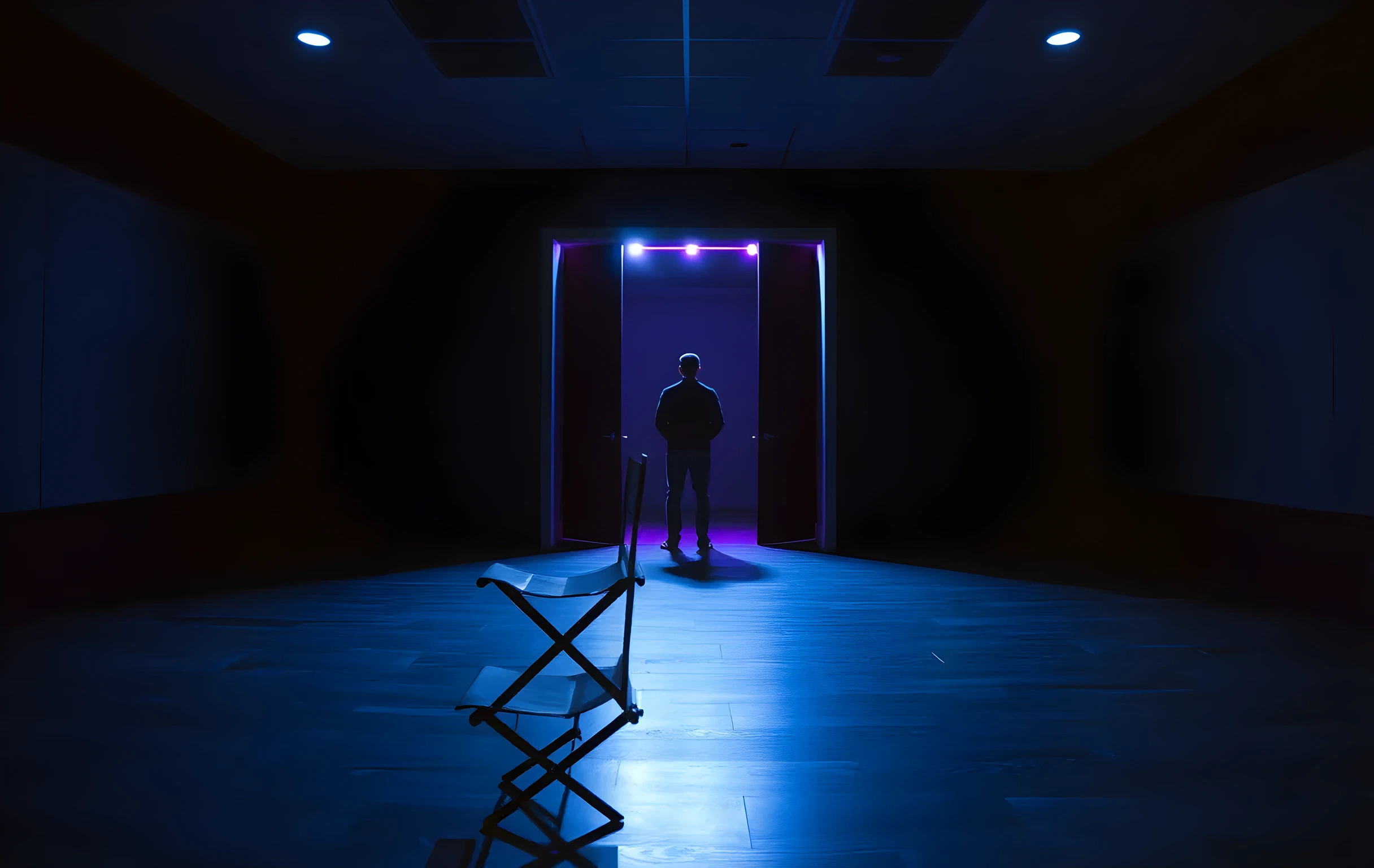 A wide shot of an empty audition room bathed in cool blue light, with a single director&rsquo;s chair facing a dimly lit doorway where a performer stands silhouetted against a soft key light