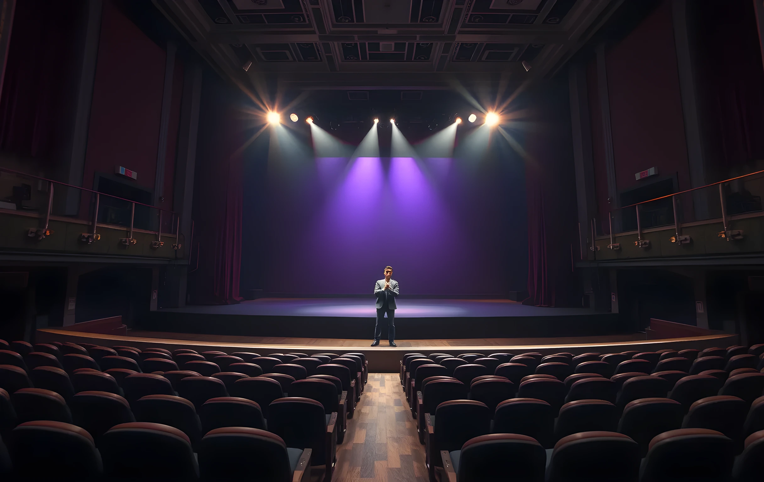 A medium distance view of a vintage theatre stage during rehearsal, spotlights cutting through theatrical haze to illuminate a lone actor practicing a monologue at the center stage, with rows of darkened seats receding into shadow