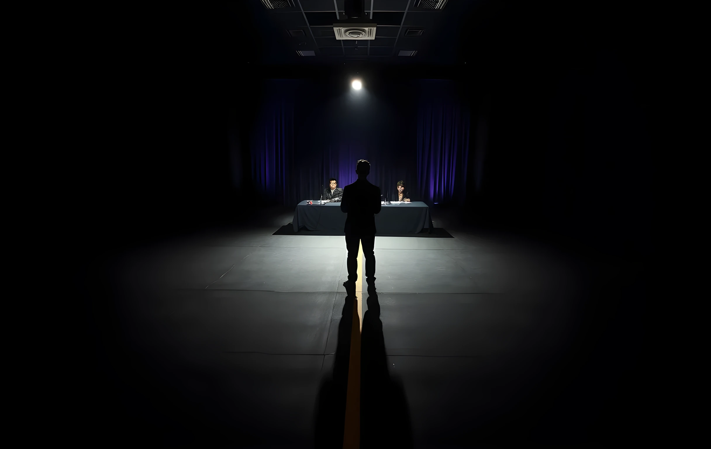 A dimly lit professional audition room stretches into shadow, where a solitary performer stands near a marked tape on the floor while a casting panel sits at a long table in the background, their silhouettes illuminated by a single overhead practical light