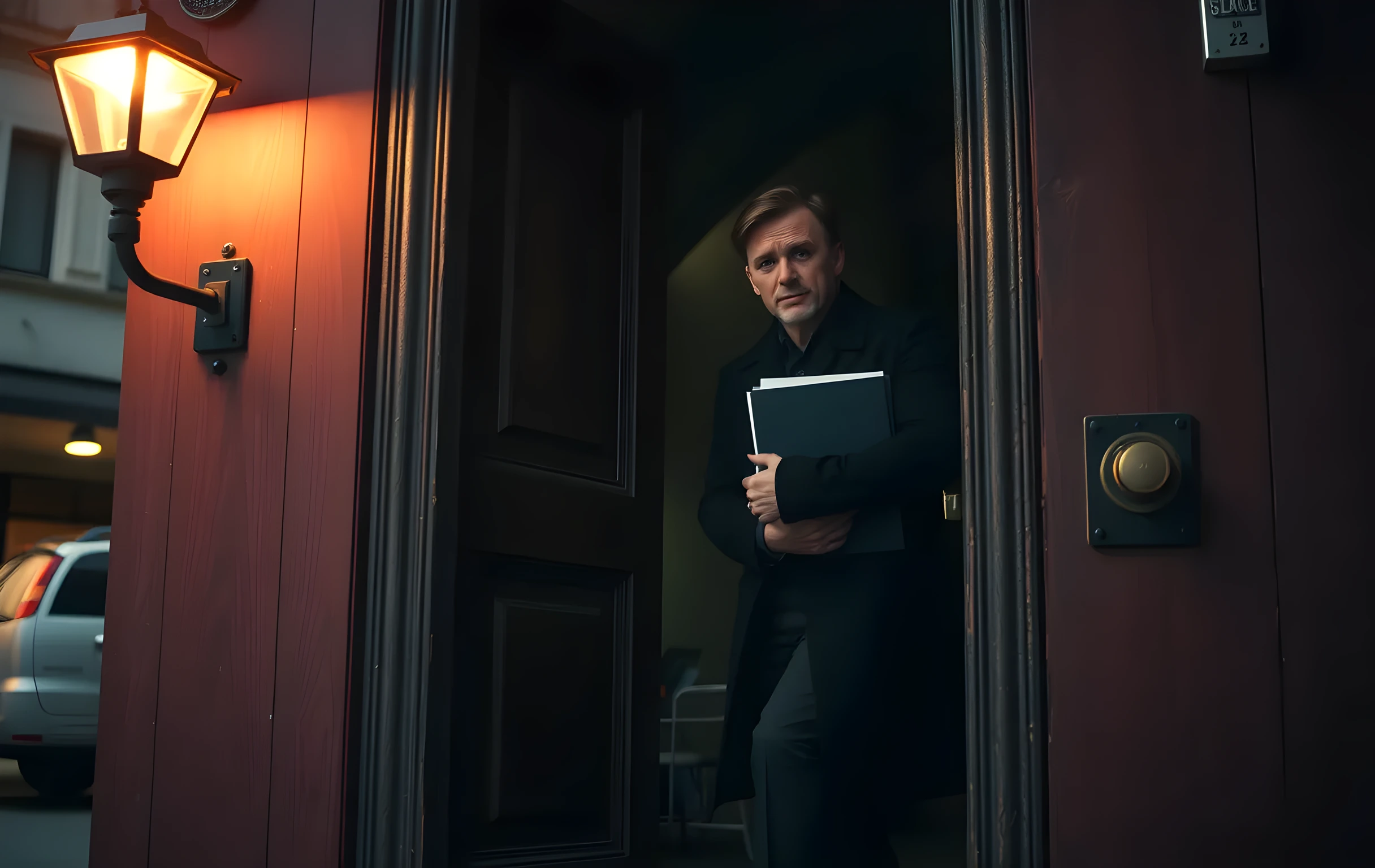 A weathered stage door frame catches a sliver of amber streetlamp glow, revealing a performer in a dark coat stepping out of the doorway with a script folder tucked under one arm, the focus resting on the textured wood and the figure standing just inside the threshold