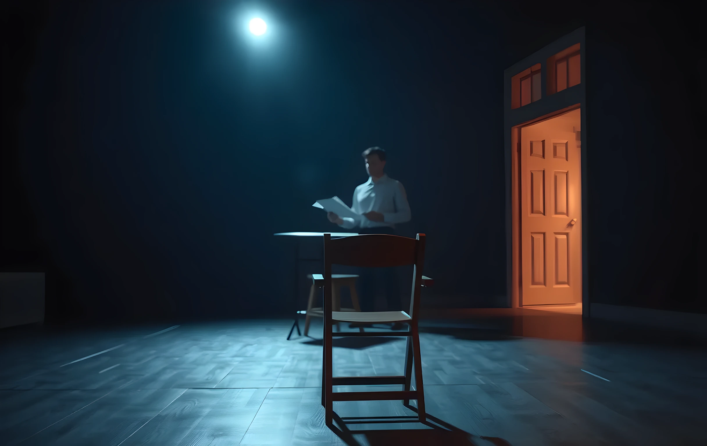 A wide shot of a dimly lit audition room with a single wooden chair facing a casting table, soft sidelight catching dust in the air, a performer standing near the doorway holding a script, rendered in cool blue and amber tones