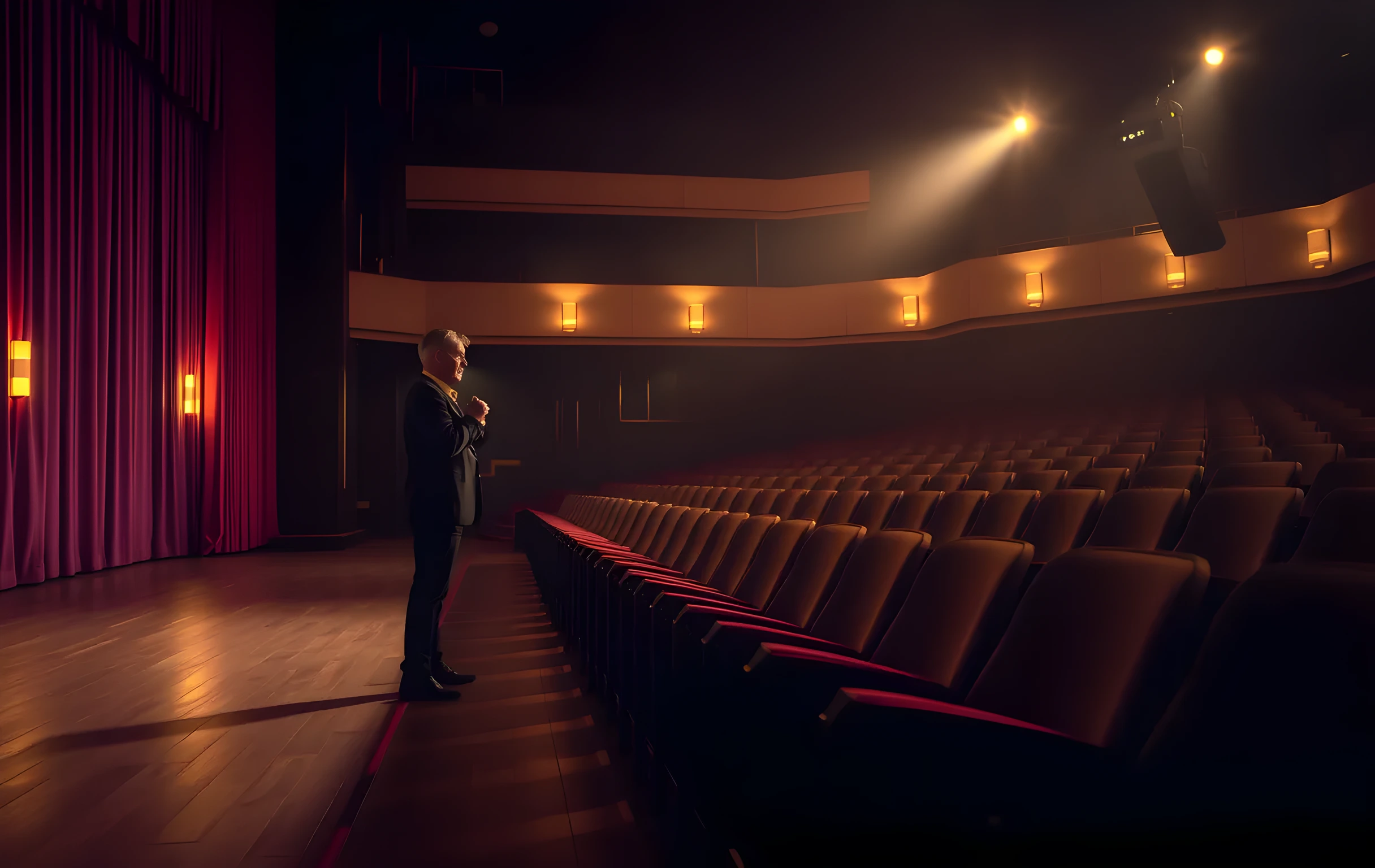 A medium distance view of a theater stage at dusk, a lone performer adjusting a costume near a row of empty velvet seats, warm practical lights casting long shadows across the wooden floorboards