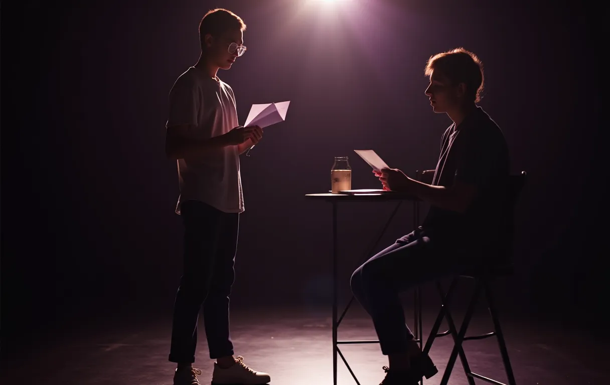 A young performer in casual rehearsal wear stands confidently on a sunlit studio stage, holding a script while a casting director reviews notes at a nearby table