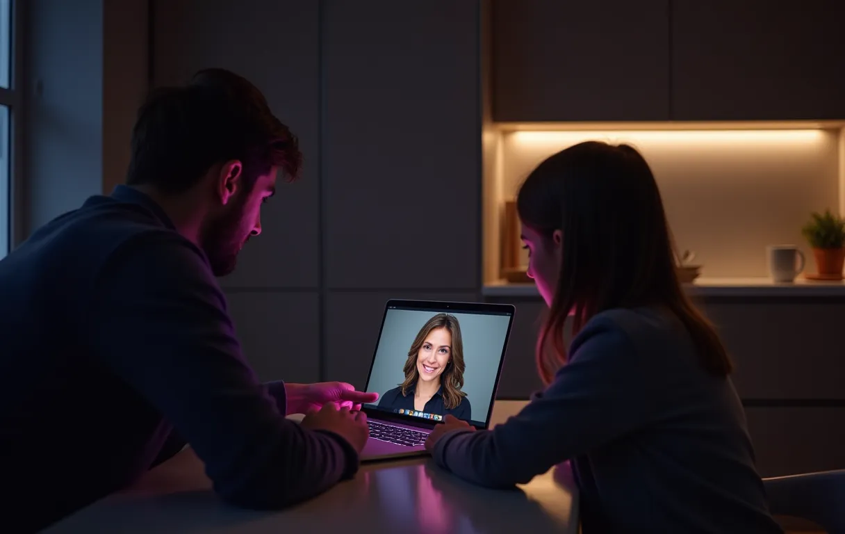 A parent and child sit at a modern kitchen table reviewing a laptop screen displaying a professional headshot, with natural morning light highlighting their focused expressions