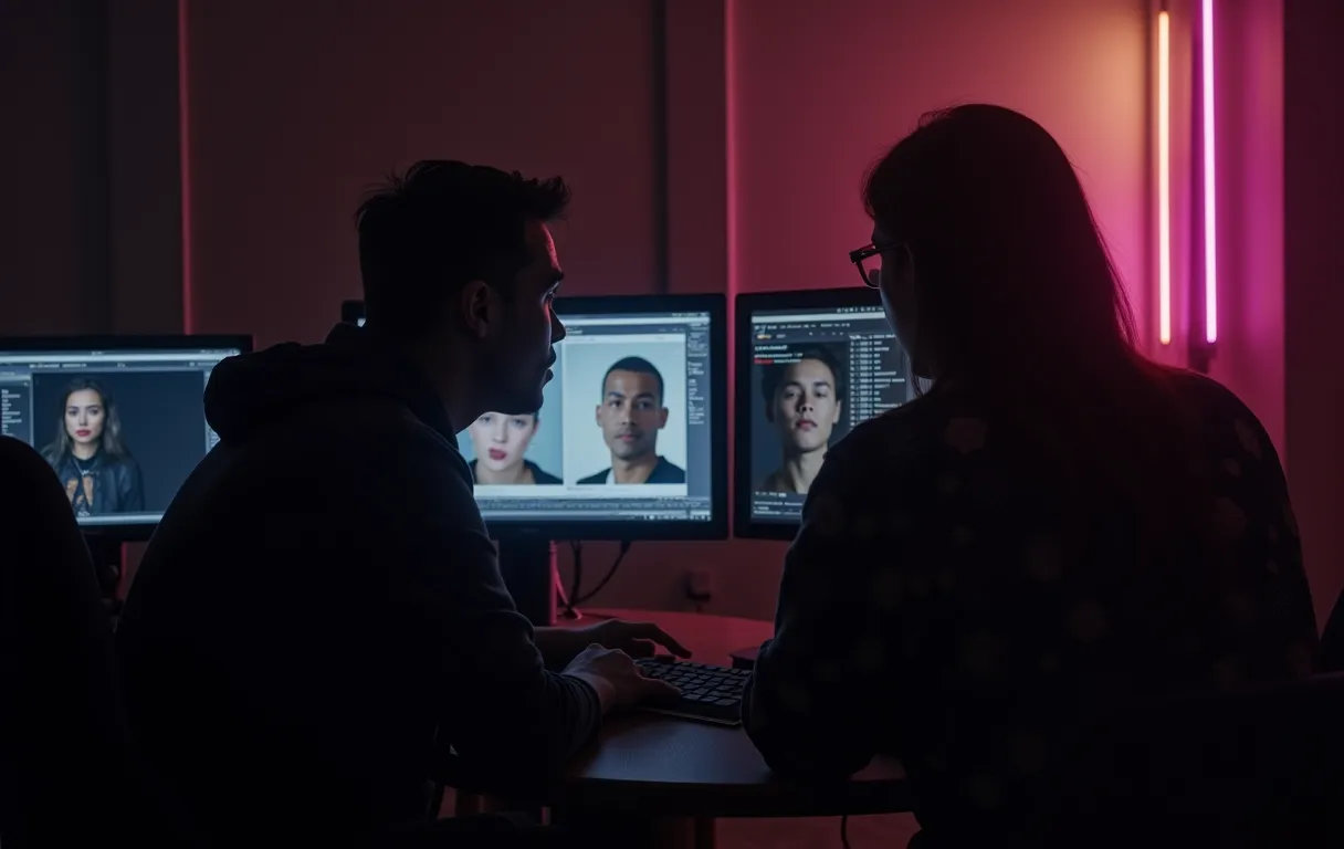 A casting director reviewing digital profiles on a dual monitor setup in a sunlit Los Angeles office