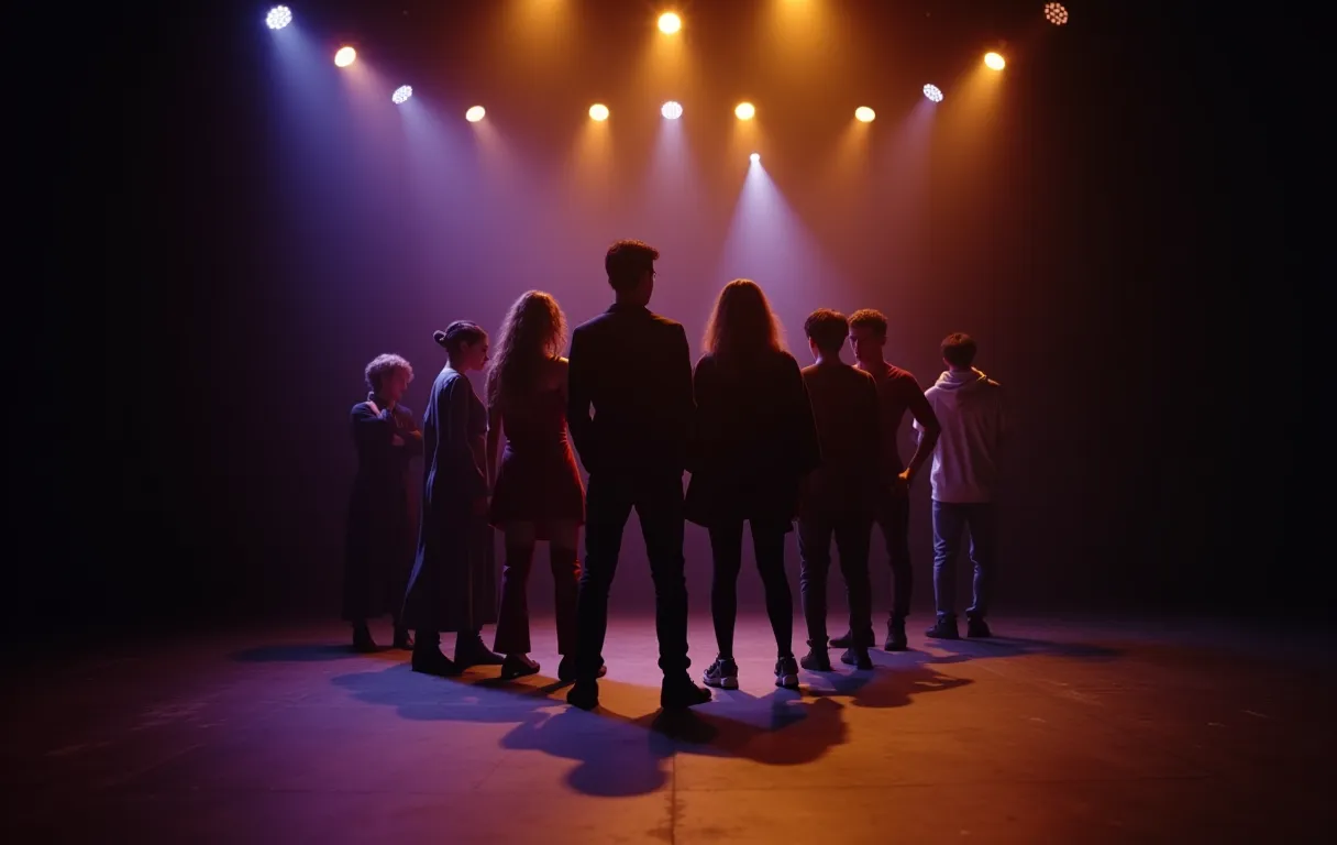 A diverse group of performers standing on a minimalist rehearsal stage under warm theatrical lighting